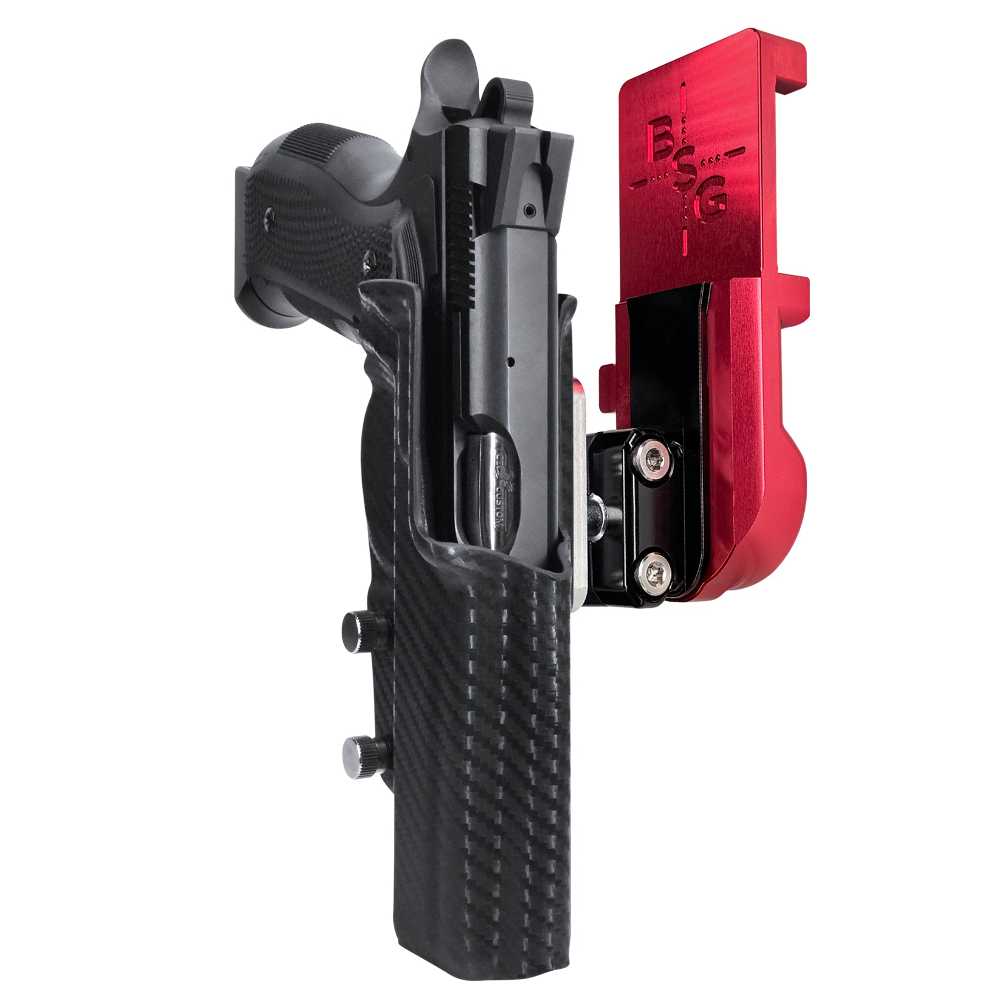 CZ A01-LD IPSC/USPA Quick Mount Ball Joint Holster with Red Belt Attachment, Carbon Fiber Holster Shell