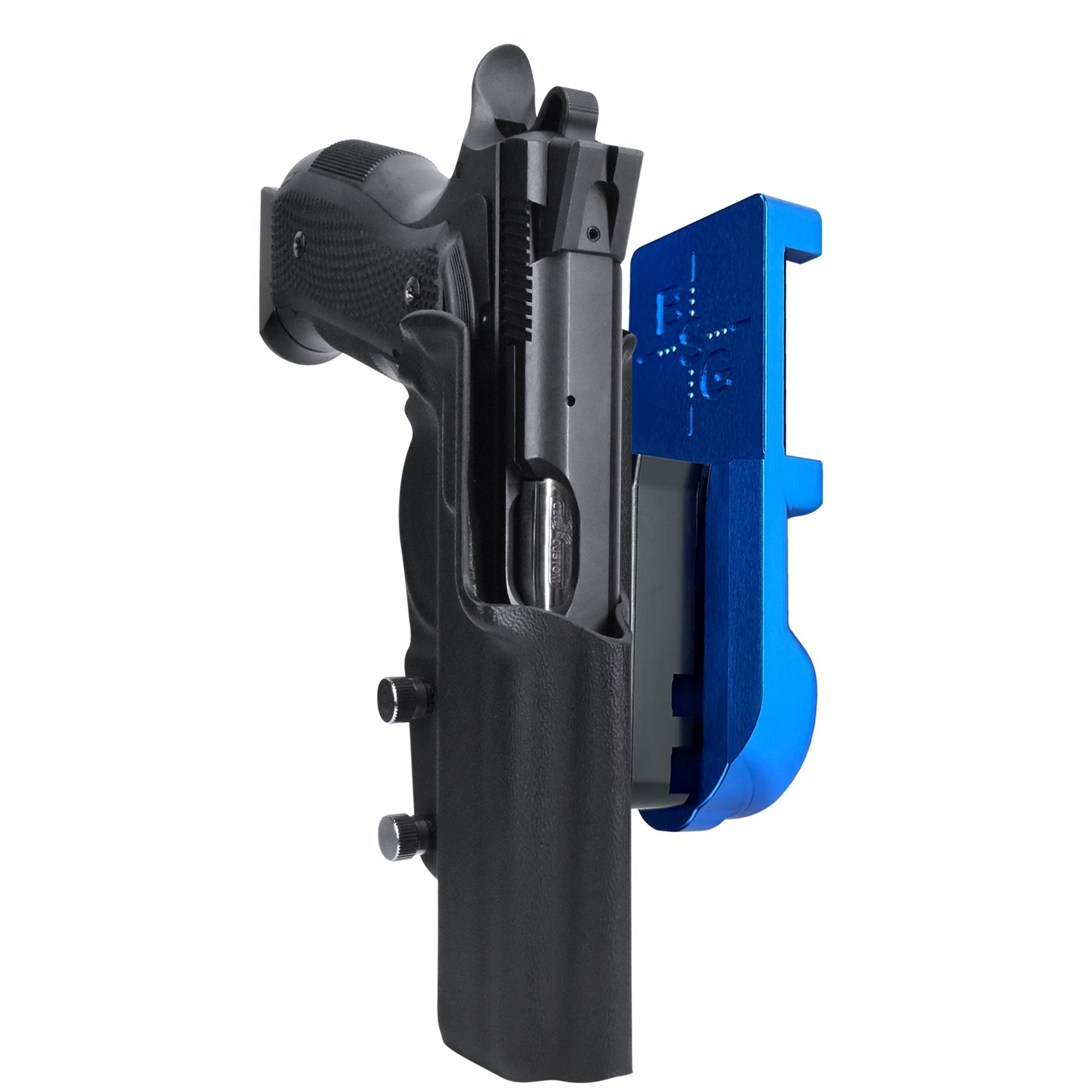 CZ A01-LD IPSC/USPA Quick Mount Holster with Blue Belt Attachment, Black Holster Shell