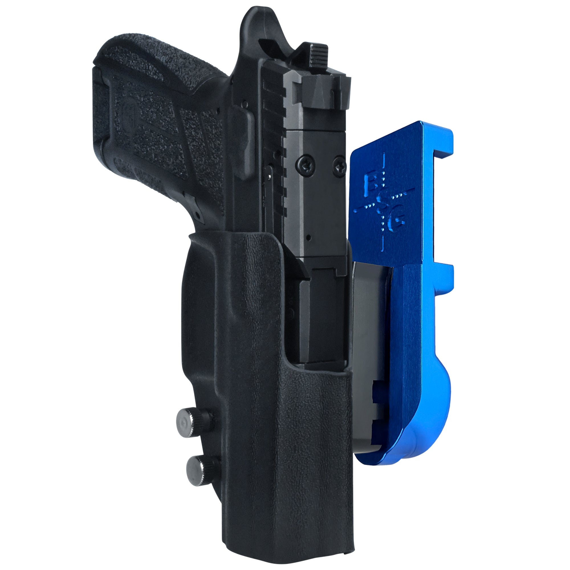 CZ P09 C Noturne IPSC/USPA Quick Mount Holster with Blue Belt Attachment, Black Holster Shell