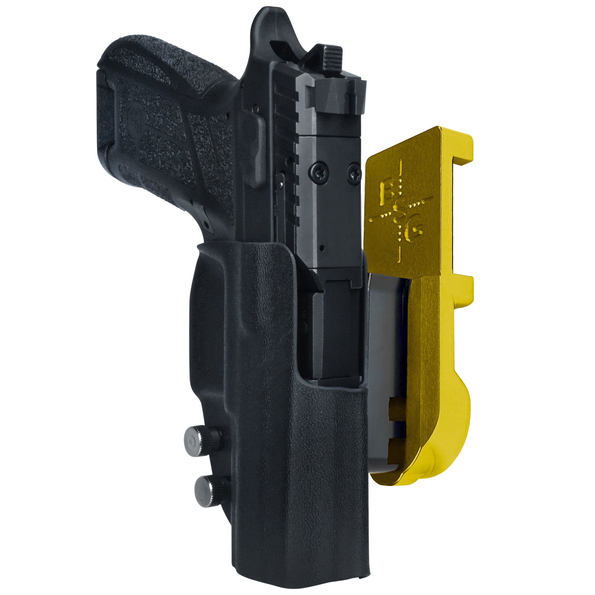 CZ P09 C Noturne IPSC/USPA Quick Mount Holster with 24K Gold Belt Attachment, Black Holster Shell