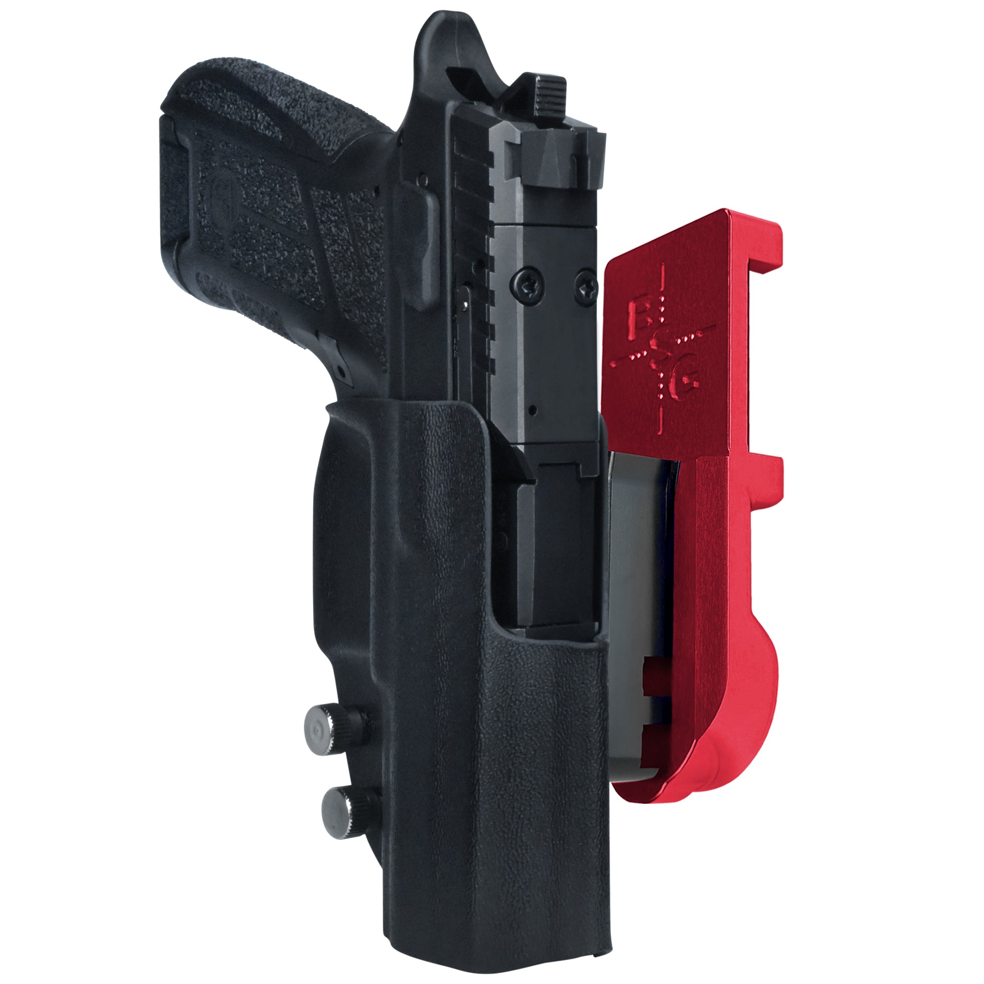 CZ P09 C Noturne IPSC/USPA Quick Mount Holster with Red Belt Attachment, Black Holster Shell