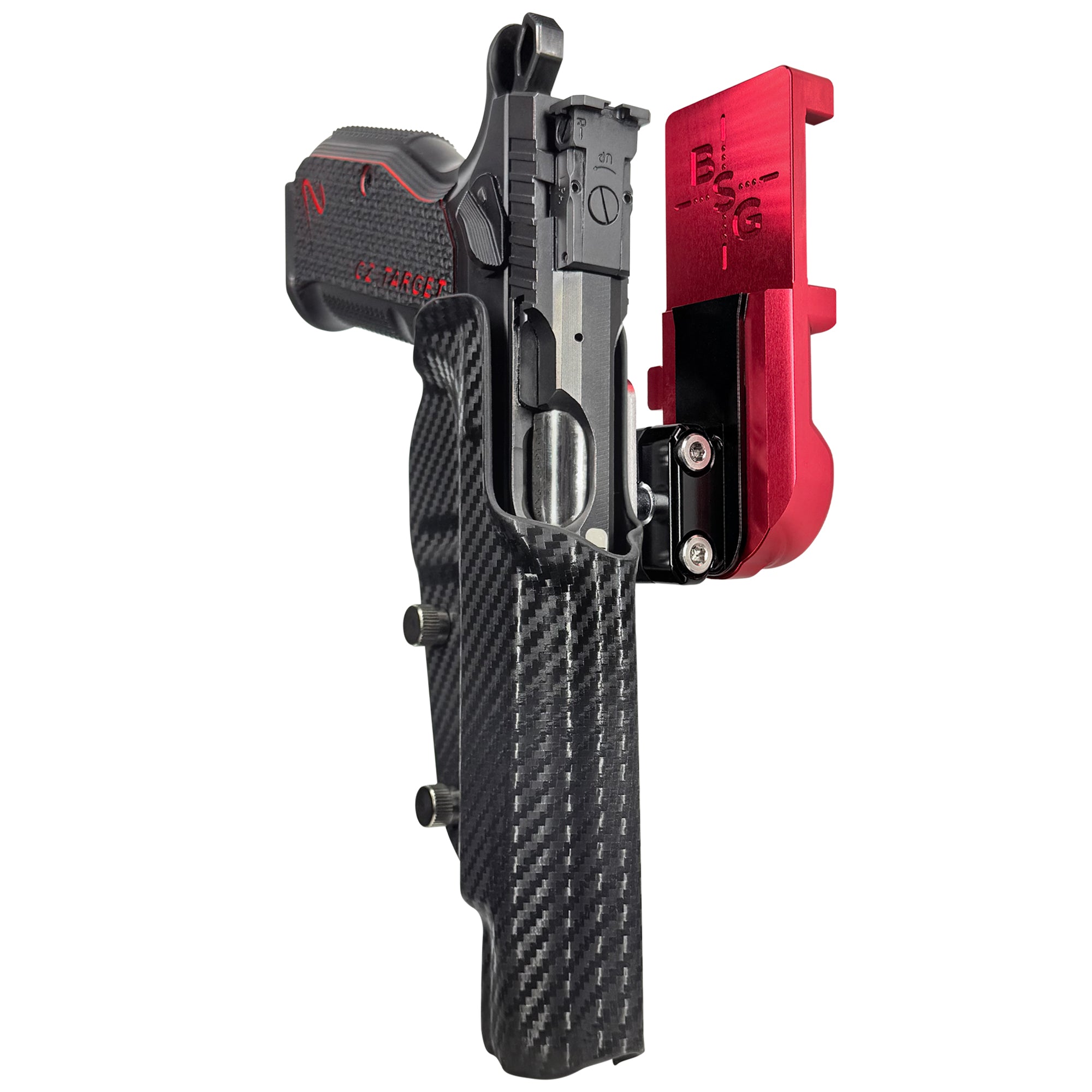CZ Shadow 2 Target 6'' - No Weight IPSC/USPA Quick Mount Ball Joint Holster with Red Belt Attachment, Carbon Fiber Holster Shell