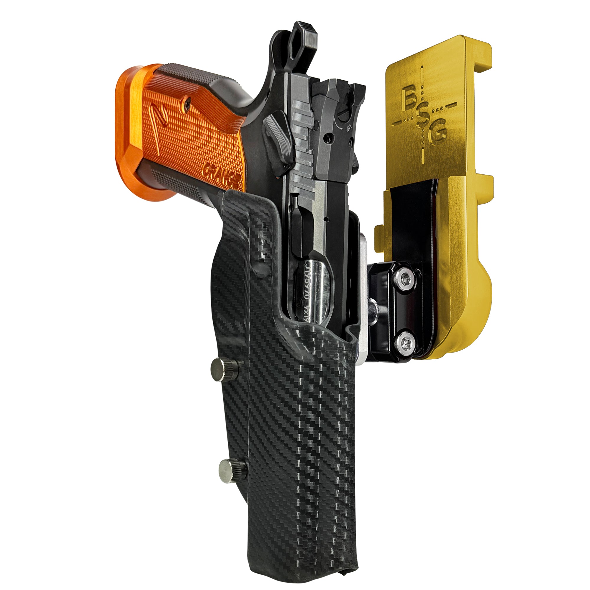 CZ TS2 Orange IPSC/USPA Quick Mount Ball Joint Holster with 24K Gold Belt Attachment, Carbon Fiber Holster Shell