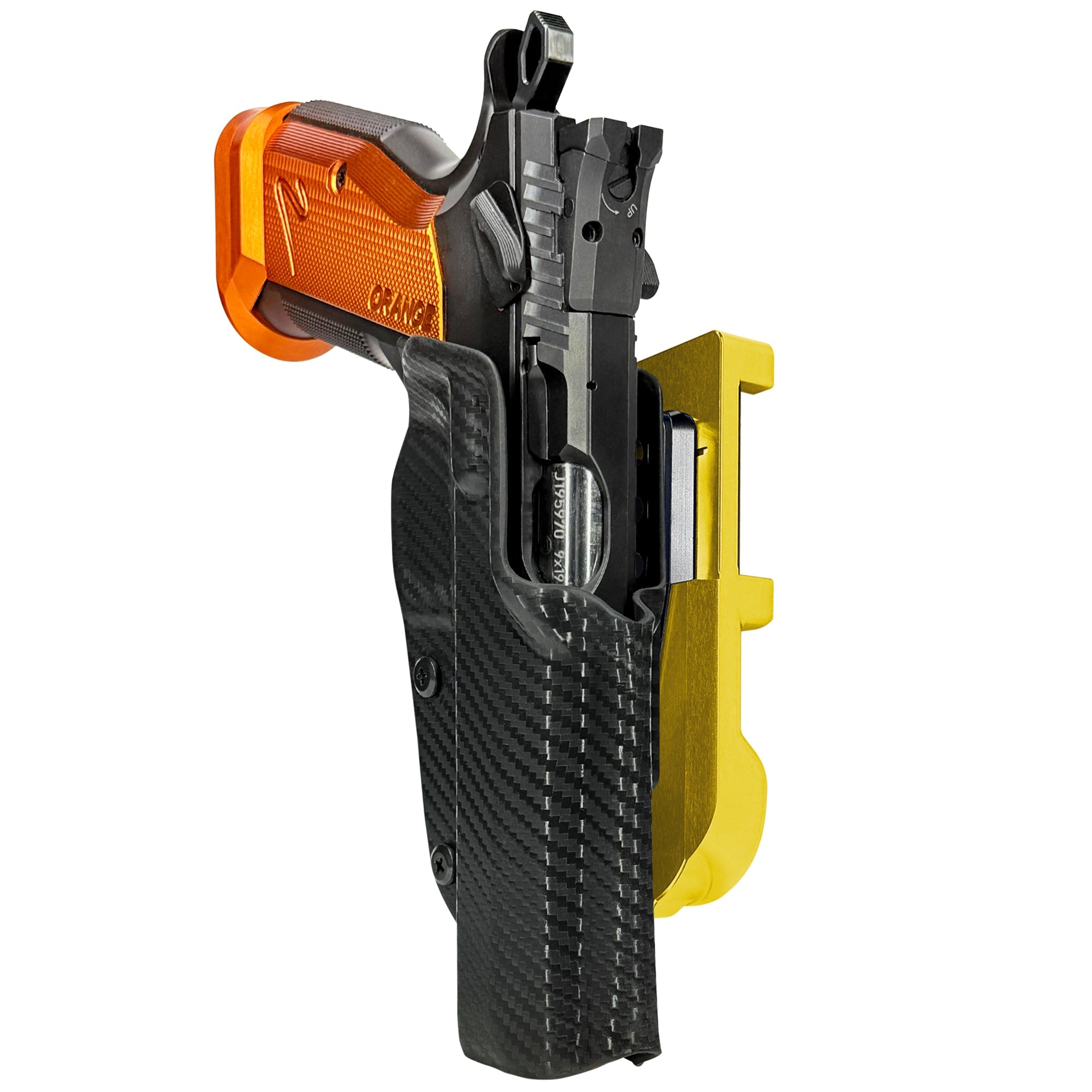 CZ TS2 Orange IDPA Quick Mount Holster with 24K Gold Belt Attachment, Carbon Fiber Holster Shell
