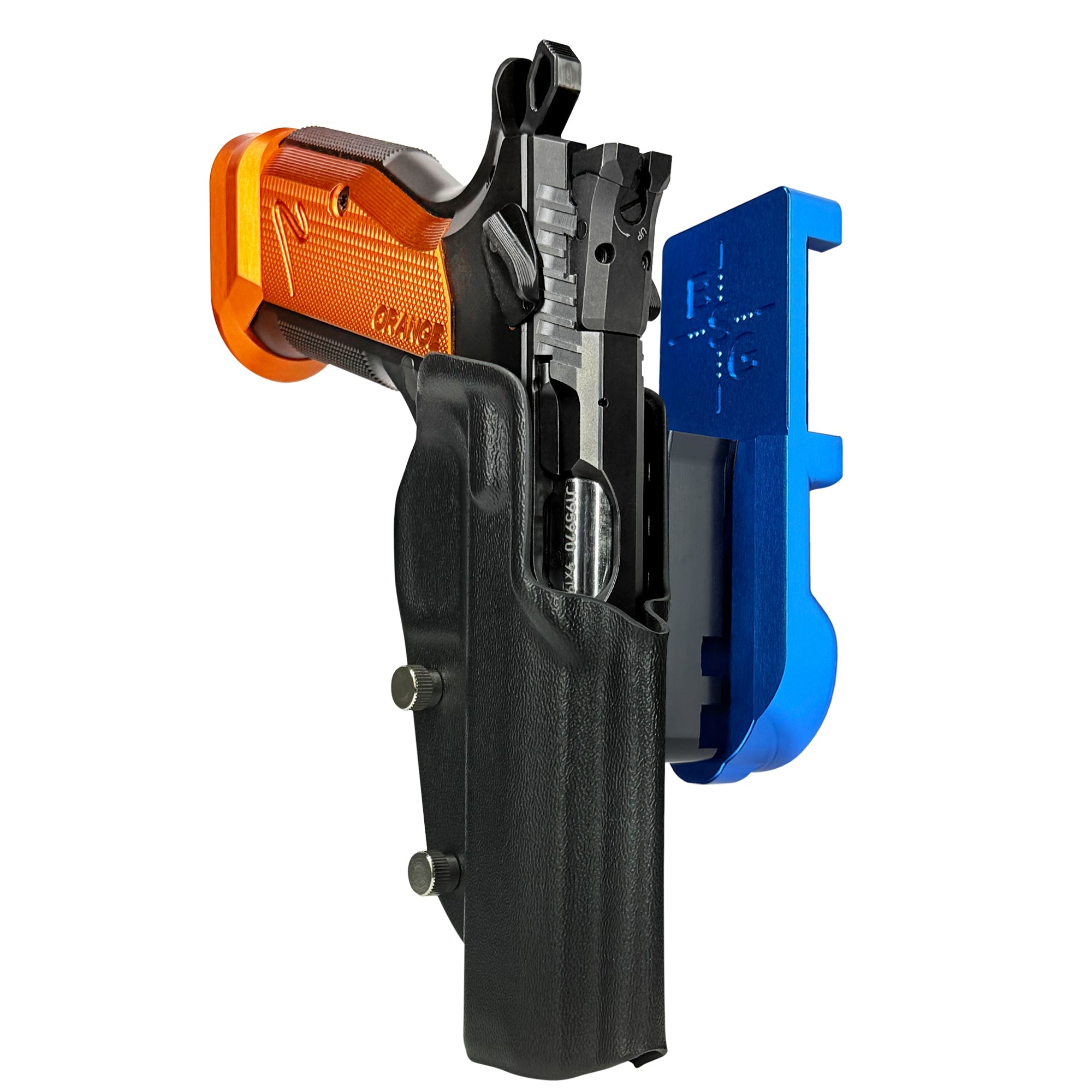 CZ TS2 Orange IPSC/USPA Quick Mount Holster with Blue Belt Attachment, Black Holster Shell