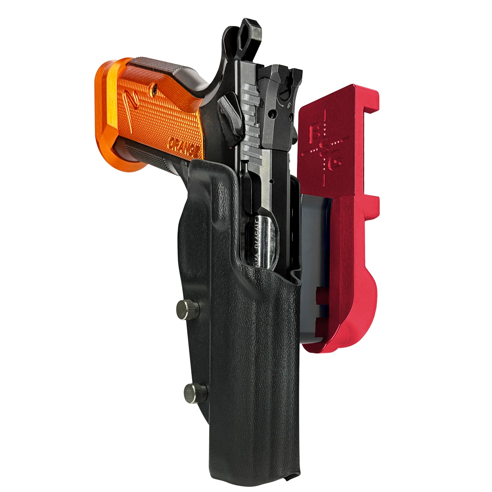 CZ TS2 Orange IPSC/USPA Quick Mount Holster with Red Belt Attachment, Black Holster Shell