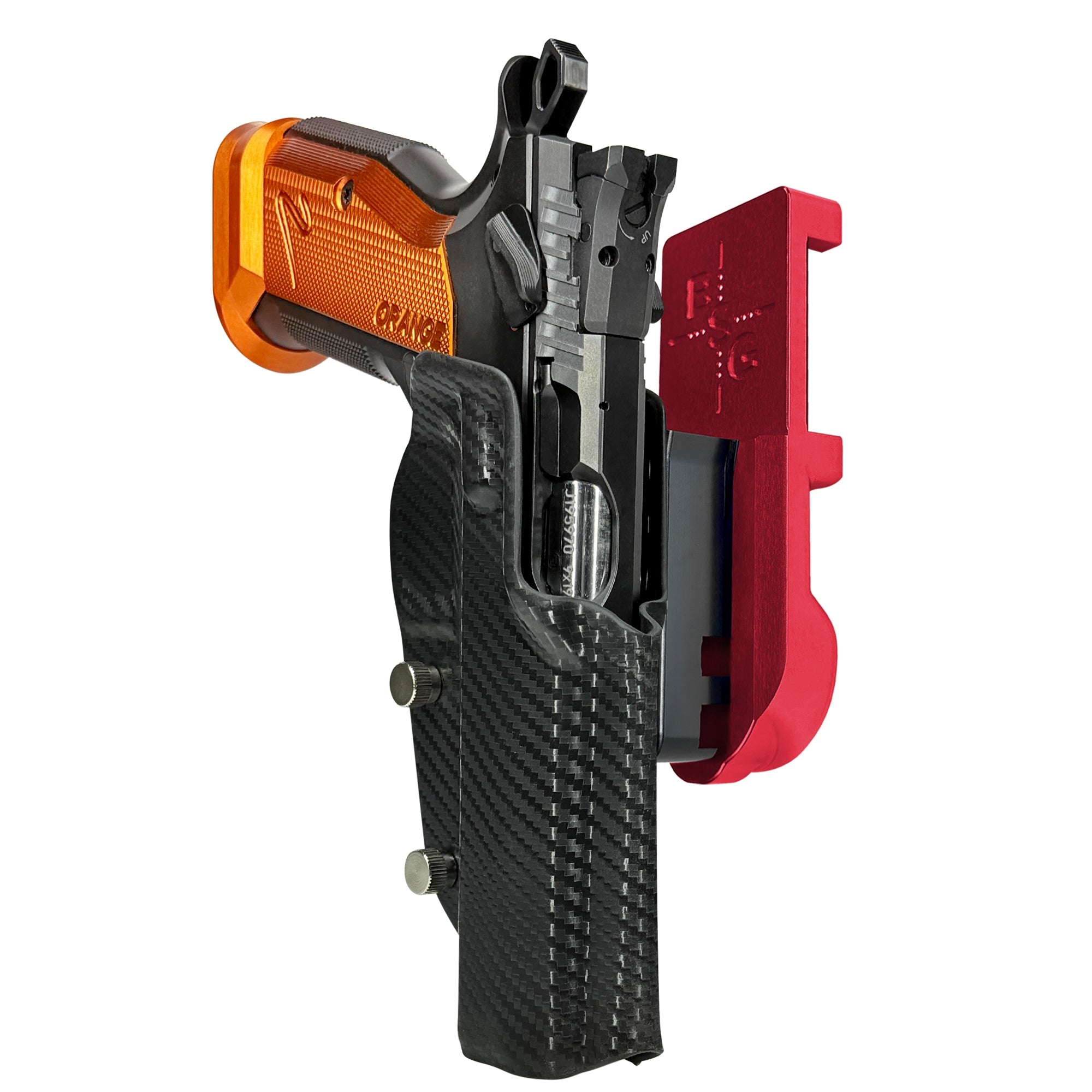 CZ TS2 Orange IPSC/USPA Quick Mount Holster with Red Belt Attachment, Carbon Fiber Holster Shell