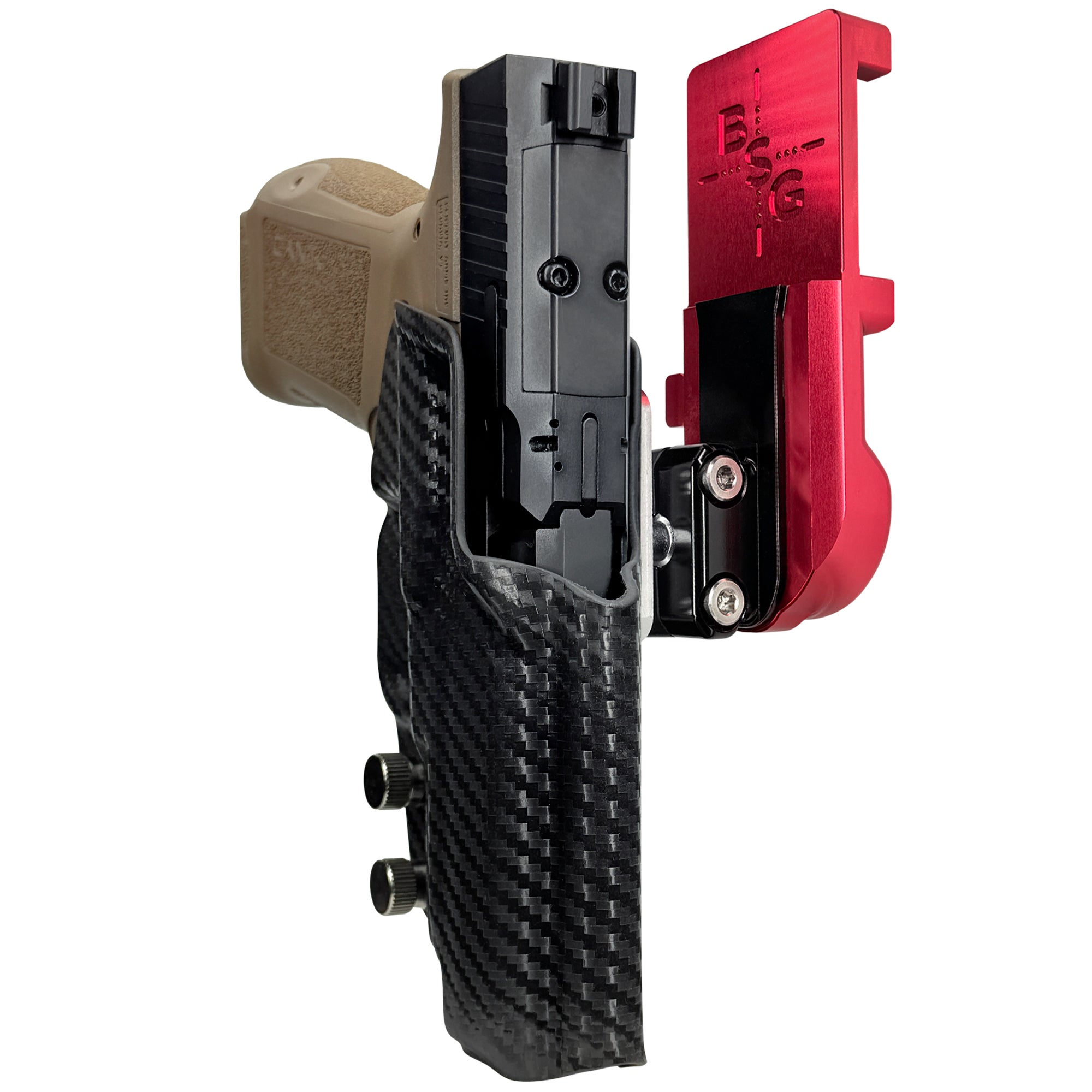 Canik METE MC9LS IPSC/USPA Quick Mount Ball Joint Holster with Red Belt Attachment, Carbon Fiber Holster Shell