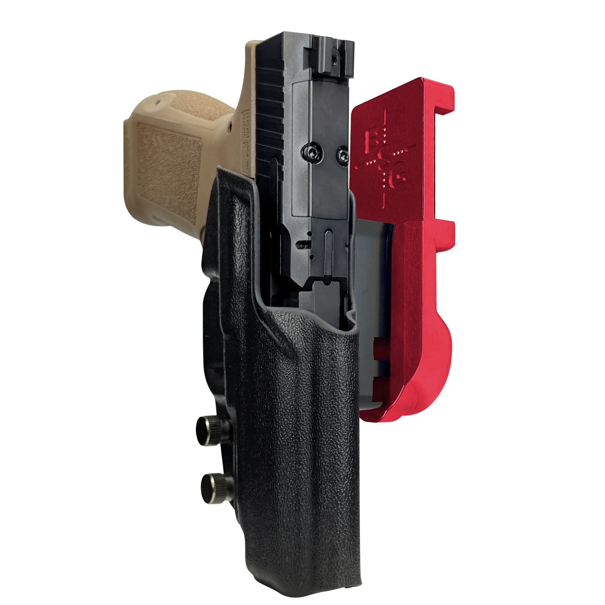 Canik METE MC9LS IPSC/USPA Quick Mount Holster with Red Belt Attachment, Black Holster Shell