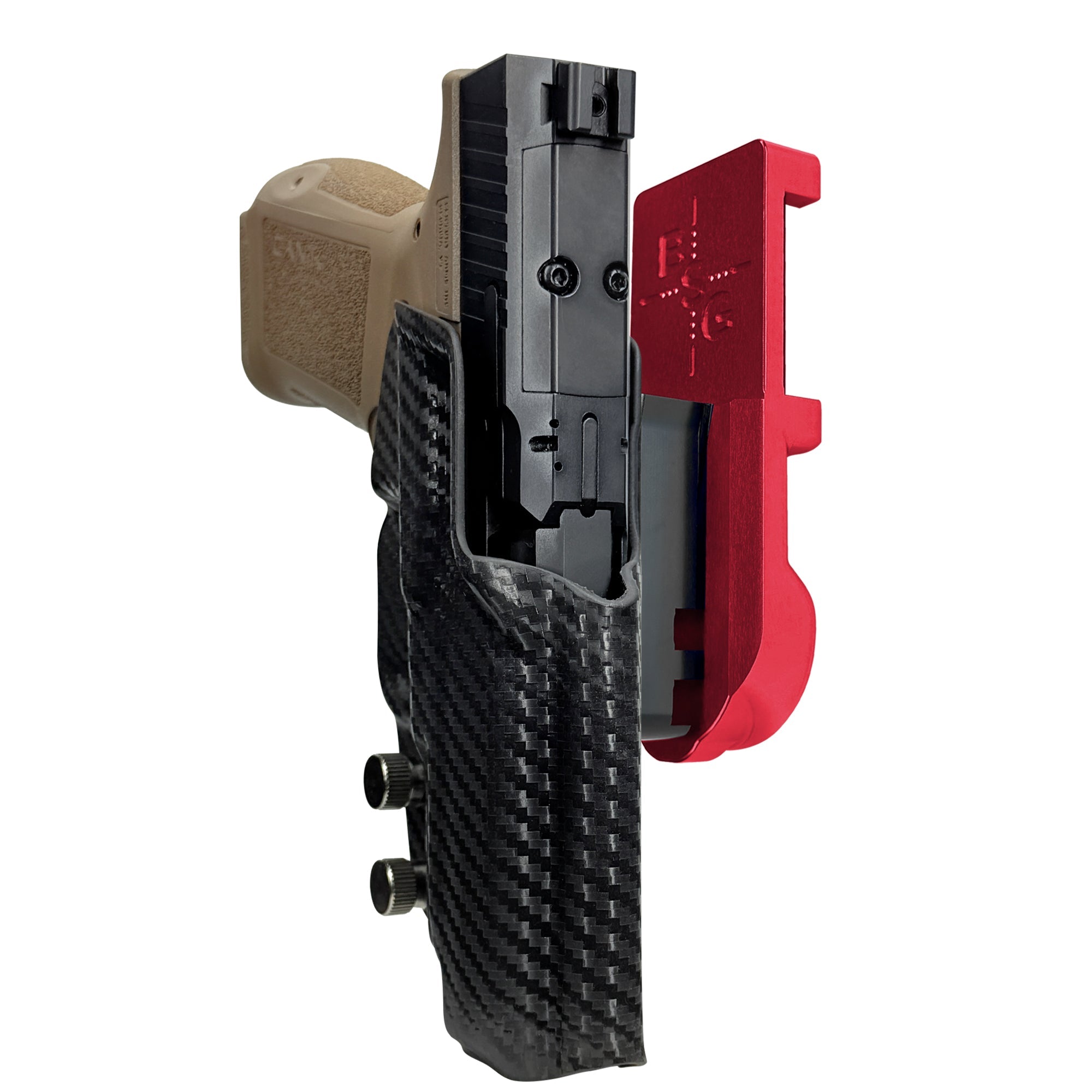 Canik METE MC9LS IPSC/USPA Quick Mount Holster with Red Belt Attachment, Carbon Fiber Holster Shell