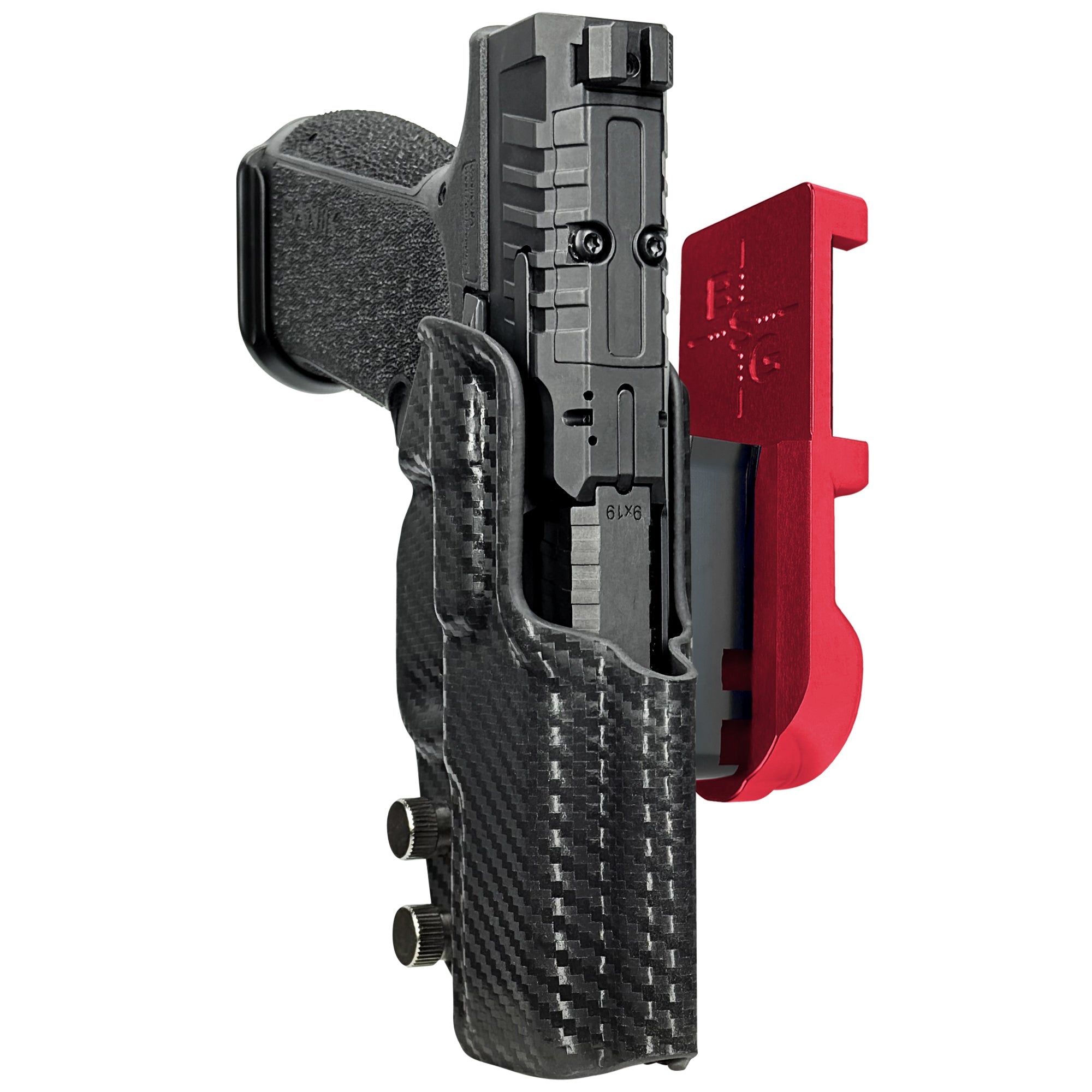 Canik MC9 PRIME IPSC/USPA Quick Mount Holster with Red Belt Attachment, Carbon Fiber Holster Shell