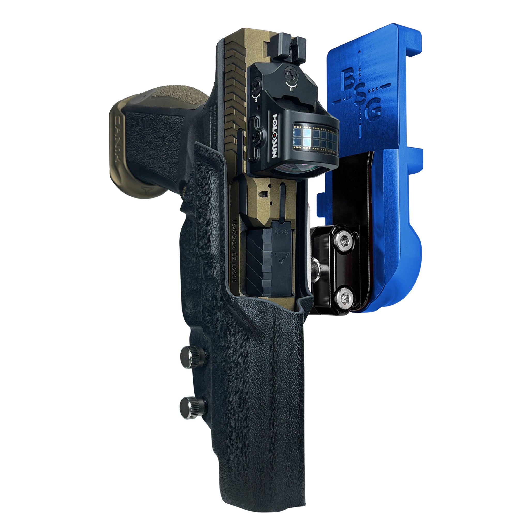 Canik TTI Combat IPSC/USPA Quick Mount Ball Joint Holster with Blue Belt Attachment, Black Holster Shell