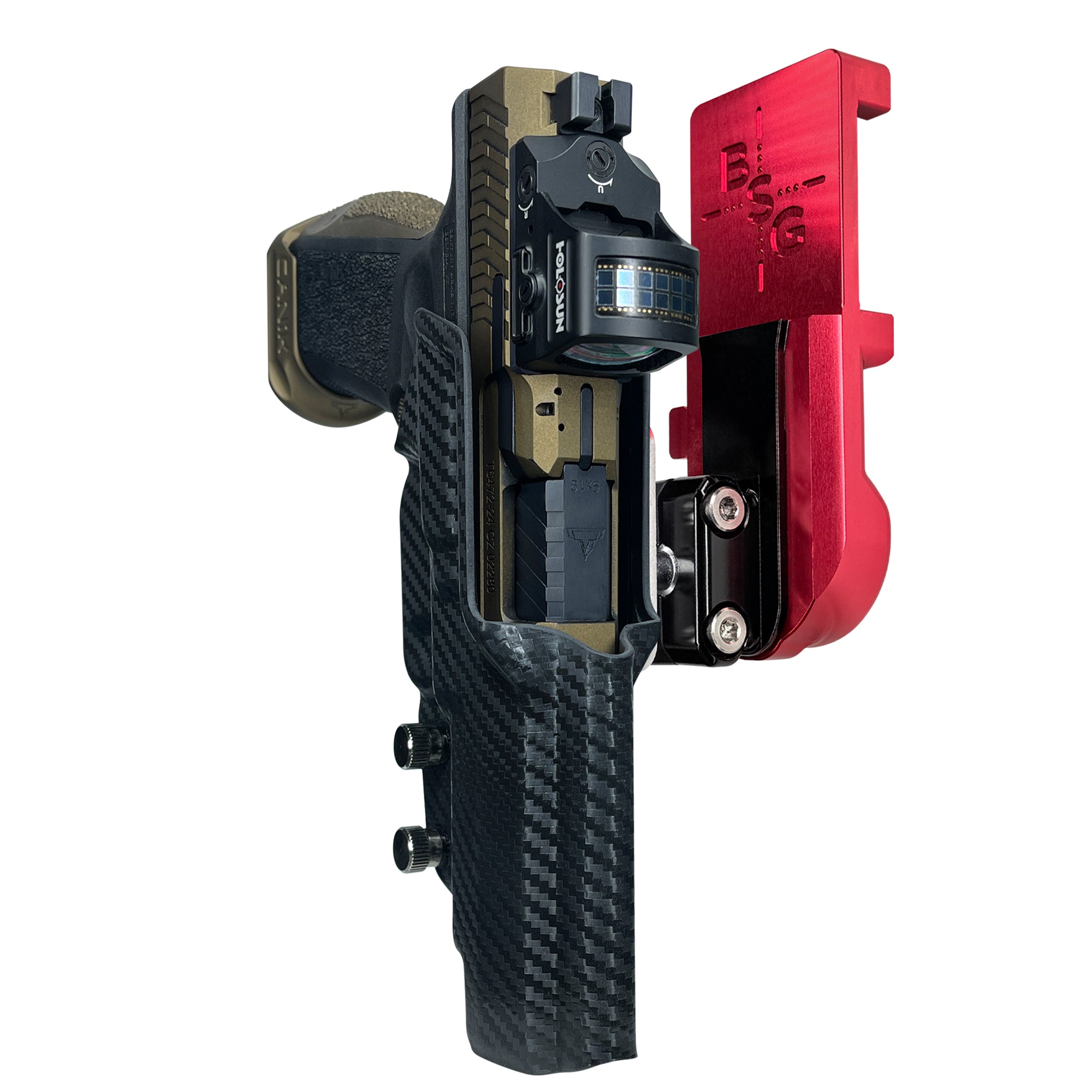 Canik TTI Combat IPSC/USPA Quick Mount Ball Joint Holster with Red Belt Attachment, Carbon Fiber Holster Shell