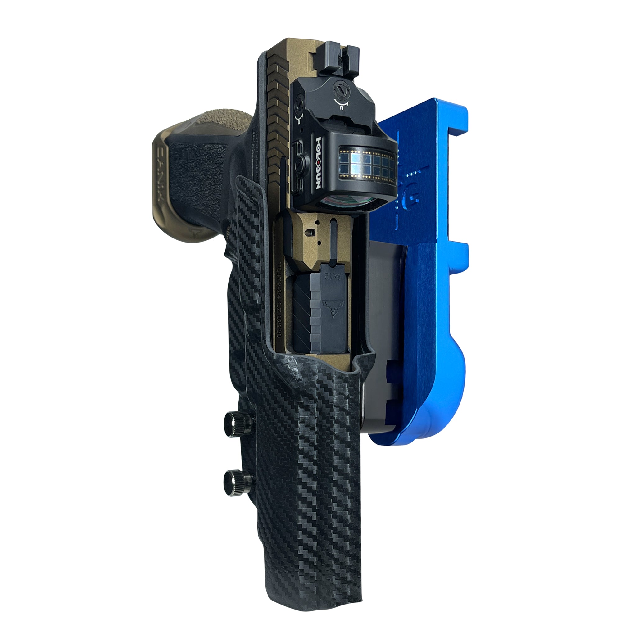 Canik TTI Combat IPSC/USPA Quick Mount Holster with Blue Belt Attachment, Carbon Fiber Holster Shell