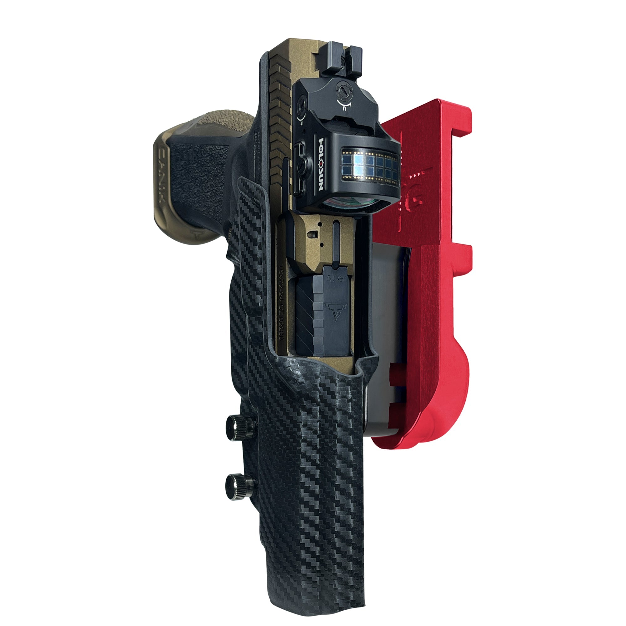 Canik TTI Combat IPSC/USPA Quick Mount Holster with Red Belt Attachment, Carbon Fiber Holster Shell