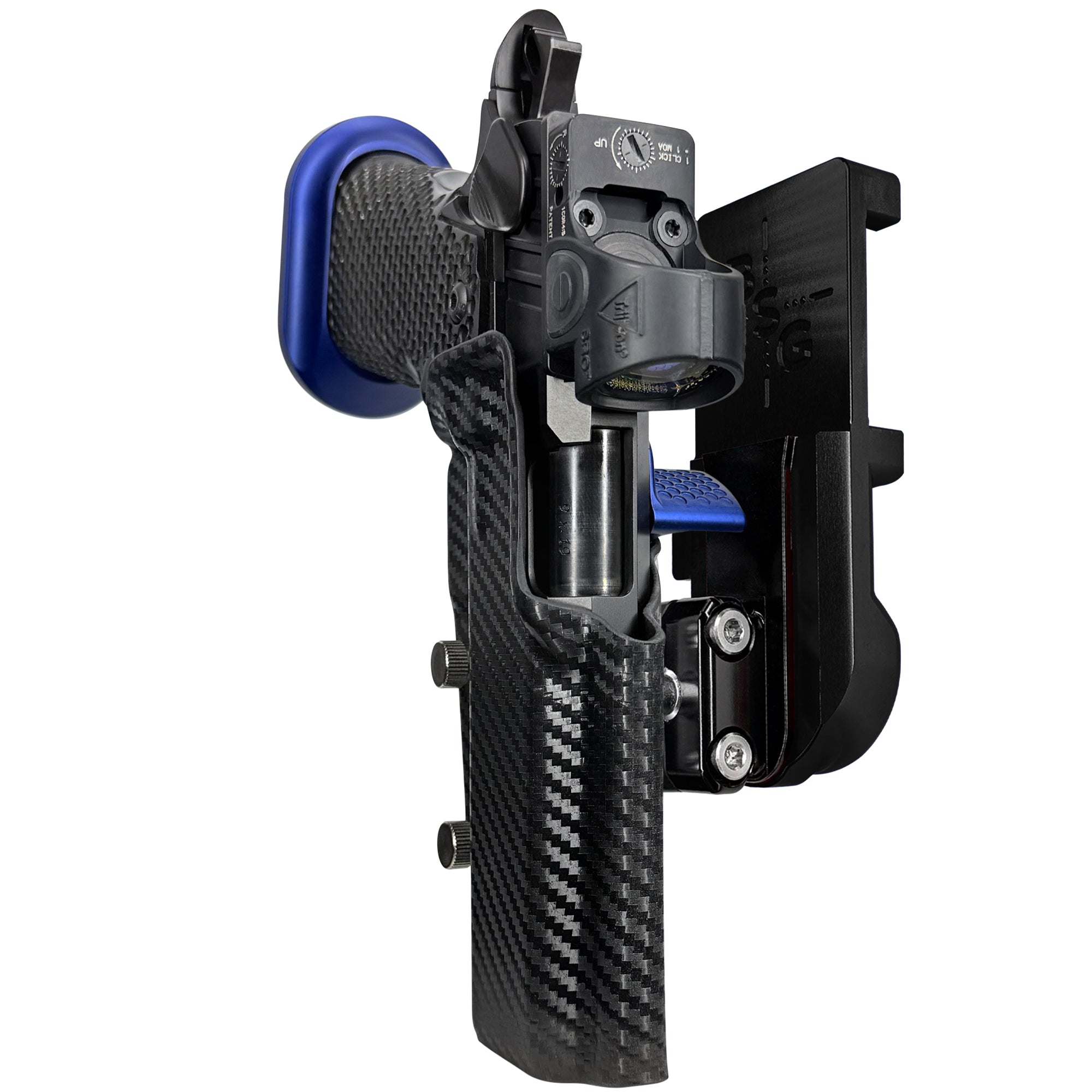 MPA DS9 LOC V2 IPSC/USPA Quick Mount Ball Joint Holster with Black Belt Attachment, Carbon Fiber Holster Shell