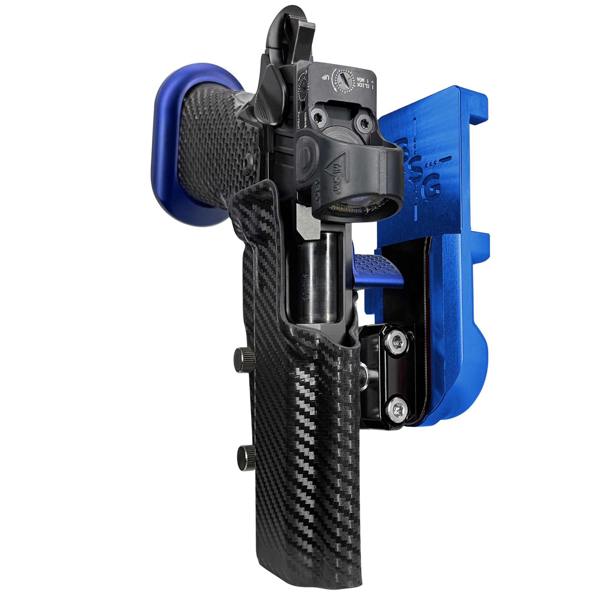 MPA DS9 LOC V2 IPSC/USPA Quick Mount Ball Joint Holster with Blue Belt Attachment, Carbon Fiber Holster Shell