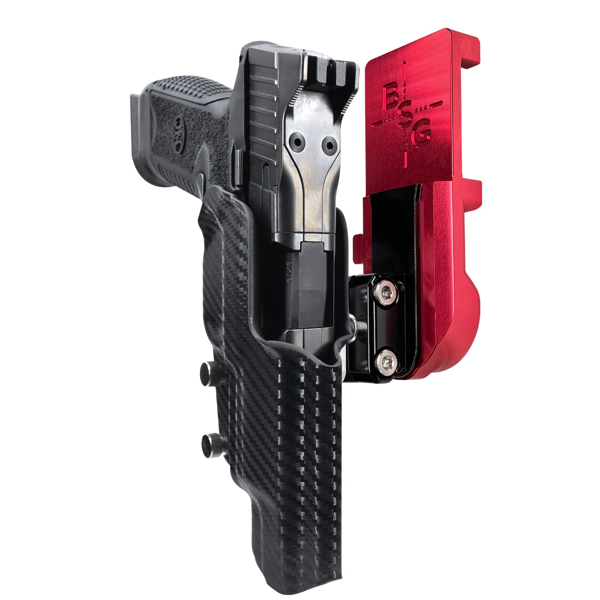 FN 509 LS Edge IPSC/USPA Quick Mount Ball Joint Holster with Red Belt Attachment, Carbon Fiber Holster Shell
