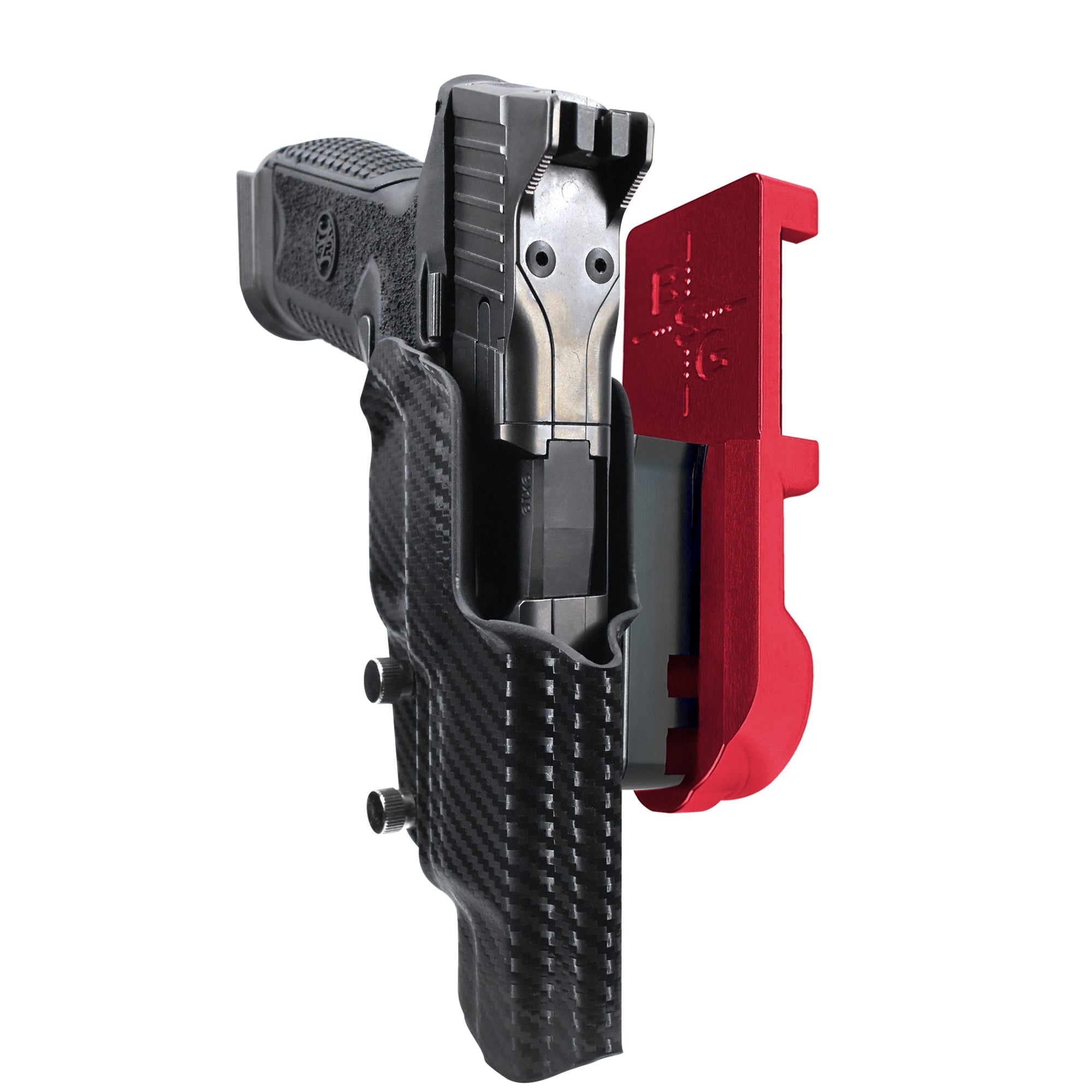 FN 509 LS Edge IPSC/USPA Quick Mount Holster with Red Belt Attachment, Carbon Fiber Holster Shell