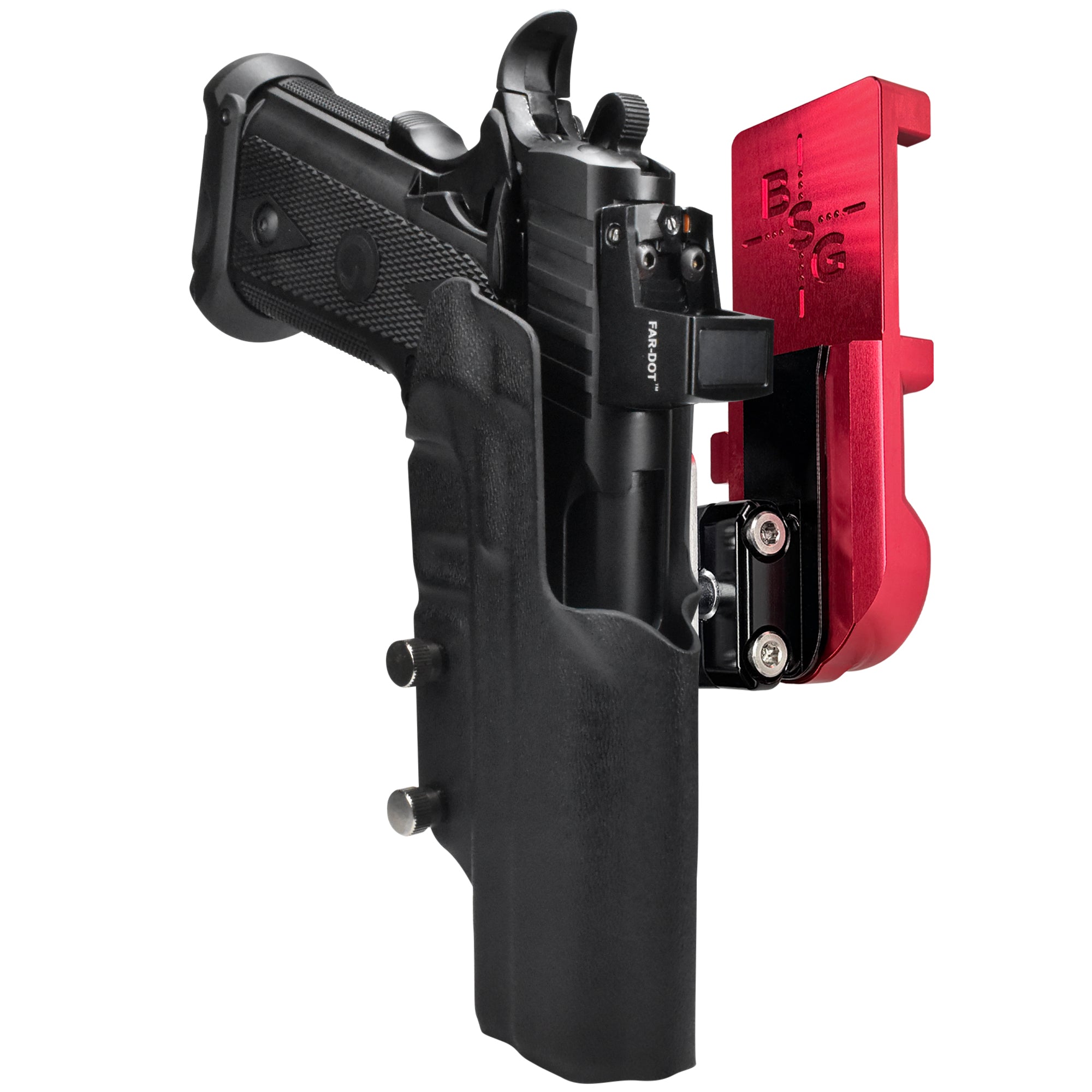 Girsan Witness2311 IPSC/USPA Quick Mount Ball Joint Holster with Red Belt Attachment, Black Holster Shell