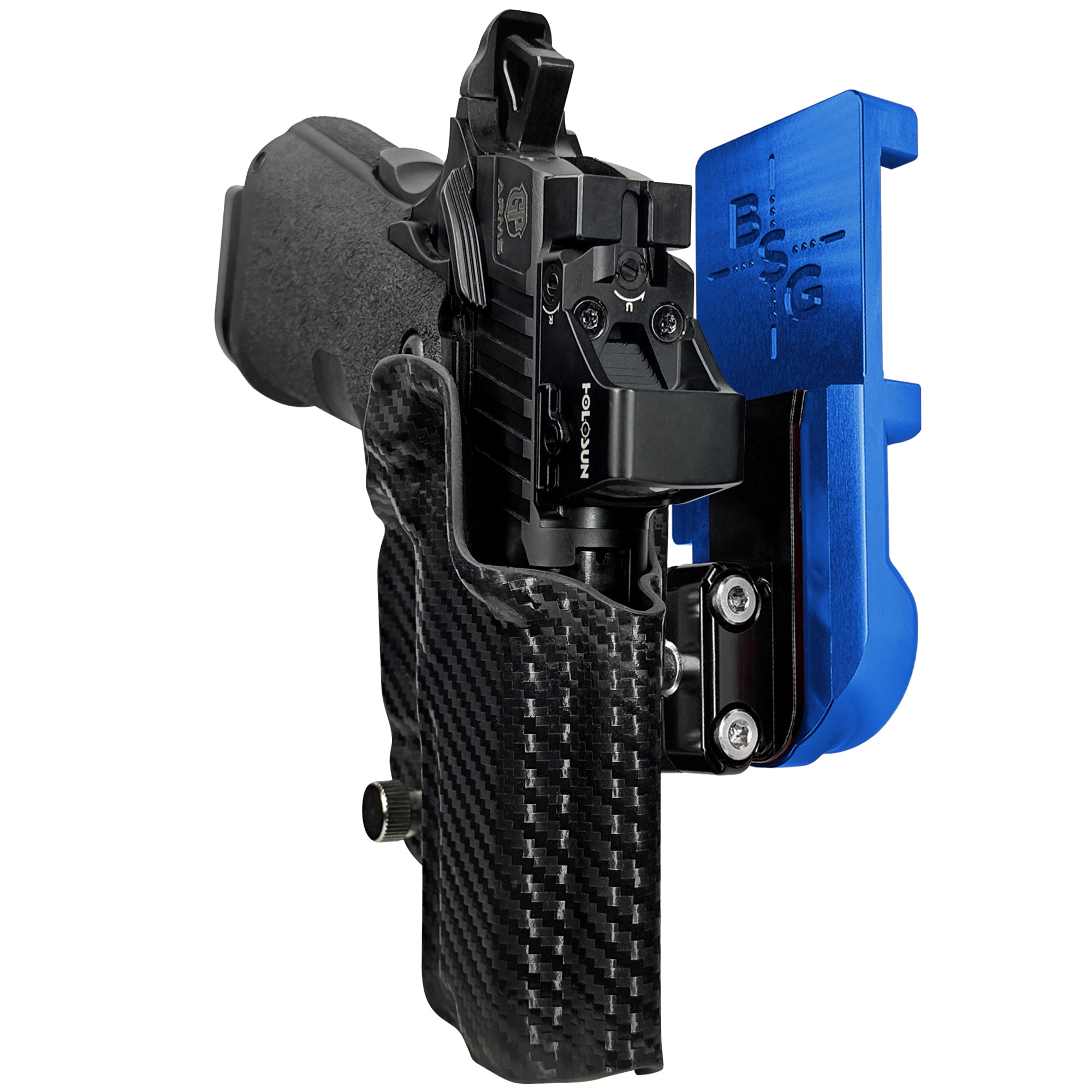 GP Arms Forza 3.1 IPSC/USPA Quick Mount Ball Joint Holster with Blue Belt Attachment, Carbon Fiber Holster Shell