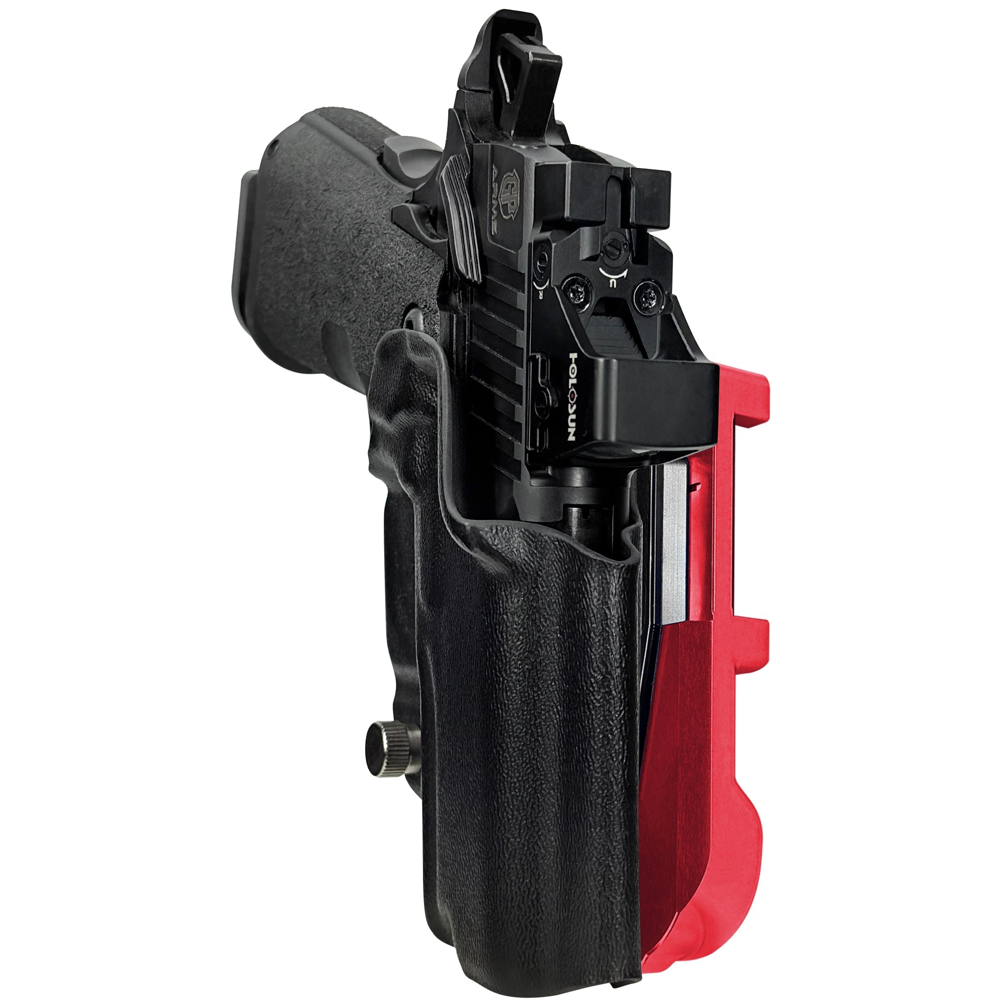 GP Arms Forza 3.1 IDPA Quick Mount Holster with Red Belt Attachment, Black Holster Shell