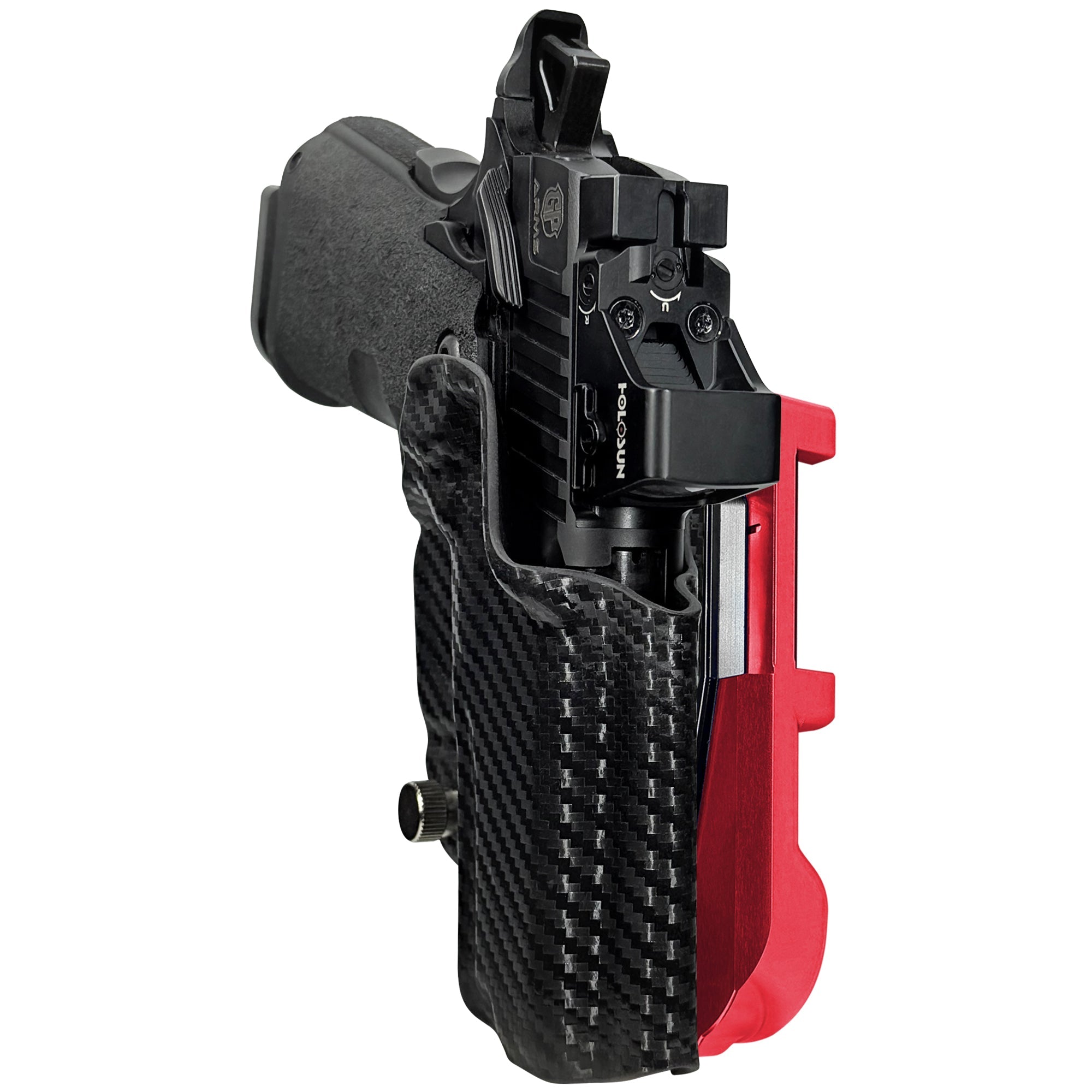 GP Arms Forza 3.1 IDPA Quick Mount Holster with Red Belt Attachment, Carbon Fiber Holster Shell