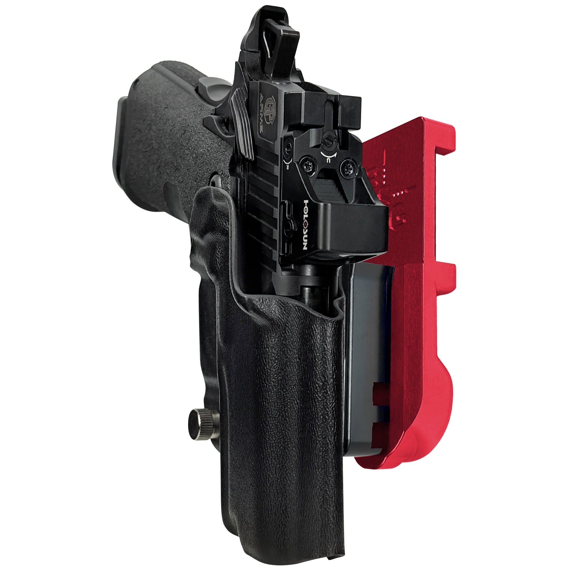 GP Arms Forza 3.1 IPSC/USPA Quick Mount Holster with Red Belt Attachment, Black Holster Shell