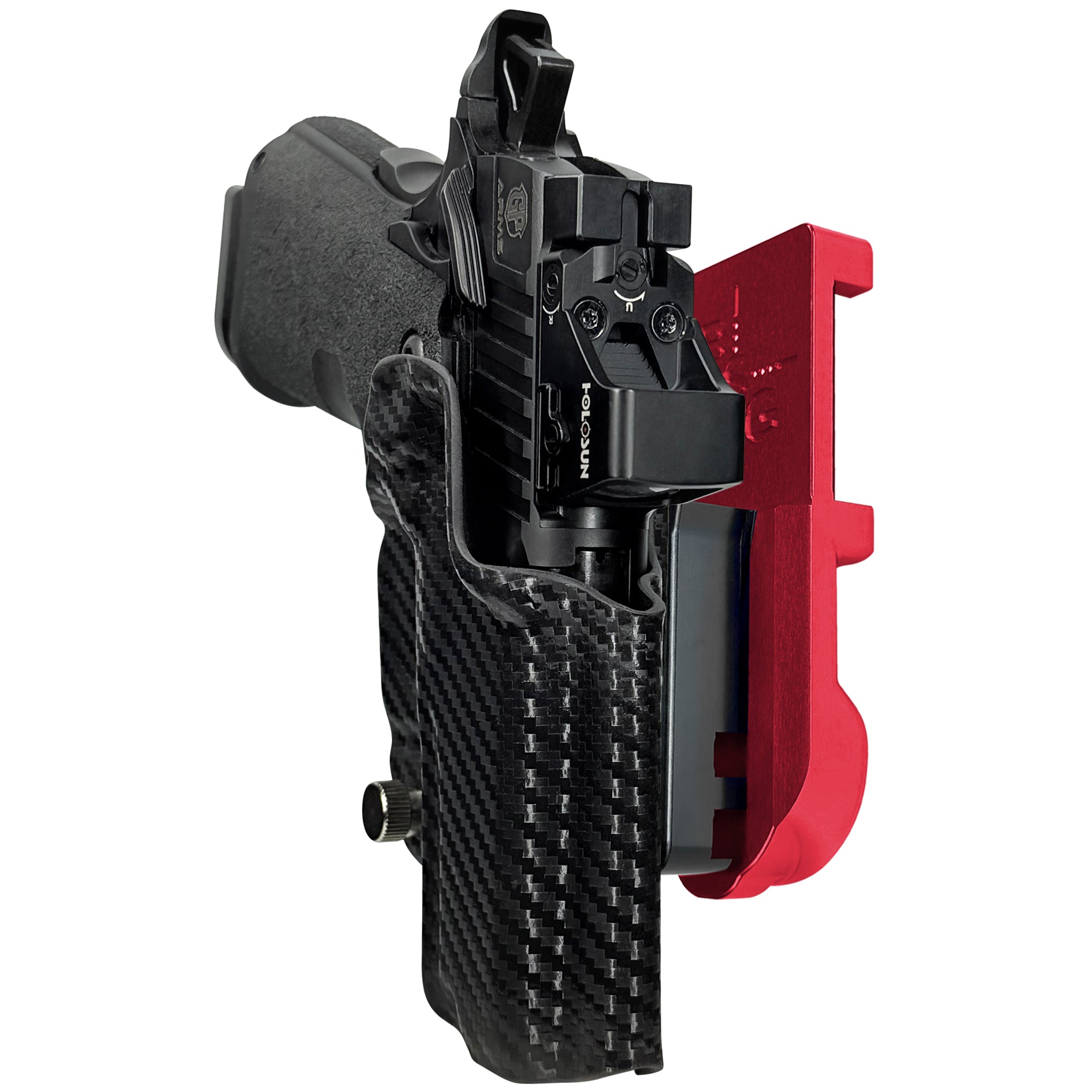 GP Arms Forza 3.1 IPSC/USPA Quick Mount Holster with Red Belt Attachment, Carbon Fiber Holster Shell