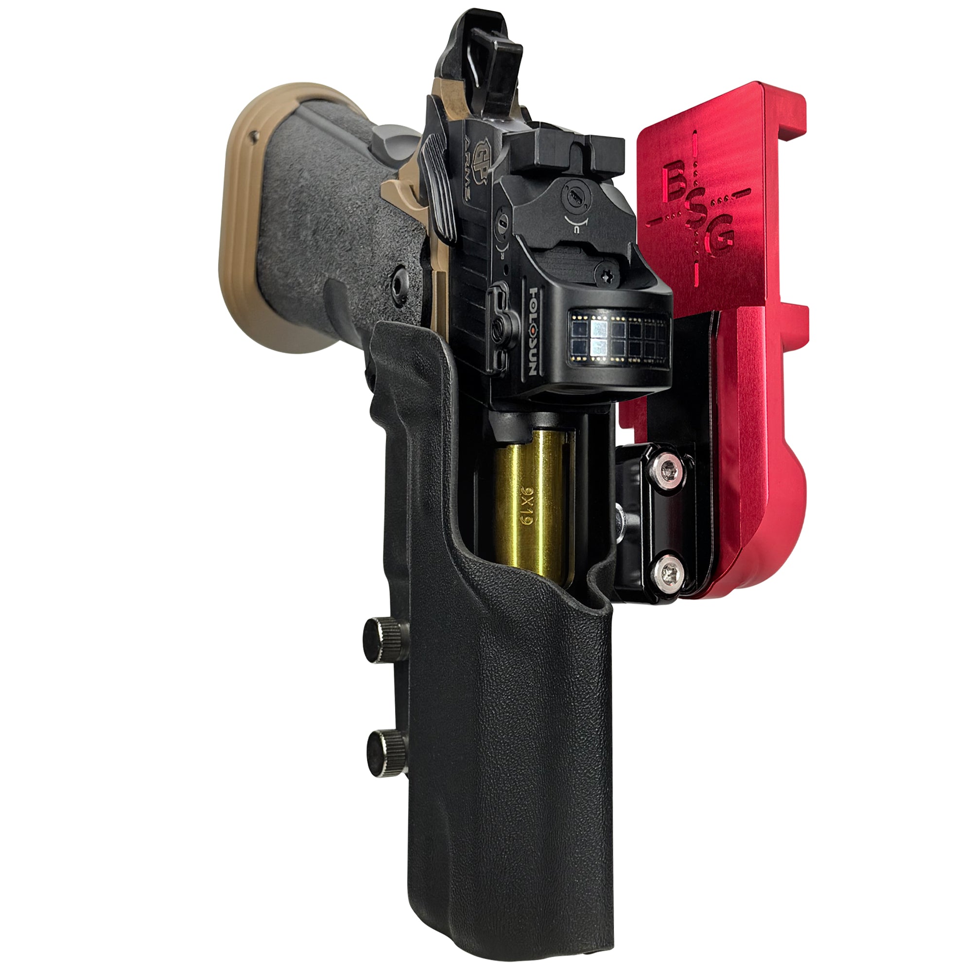 GP Arms Patriot IPSC/USPA Quick Mount Ball Joint Holster with Red Belt Attachment, Black Holster Shell