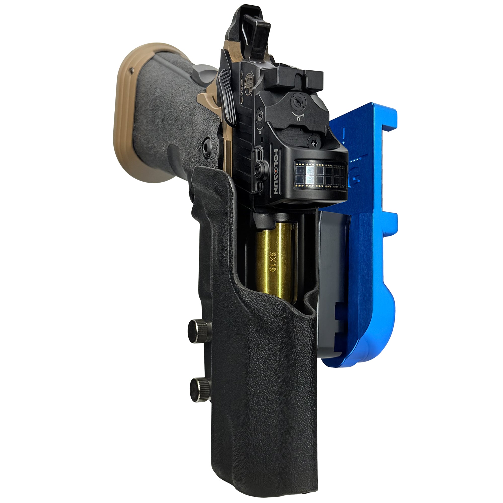 GP Arms Patriot IPSC/USPA Quick Mount Holster with Blue Belt Attachment, Black Holster Shell