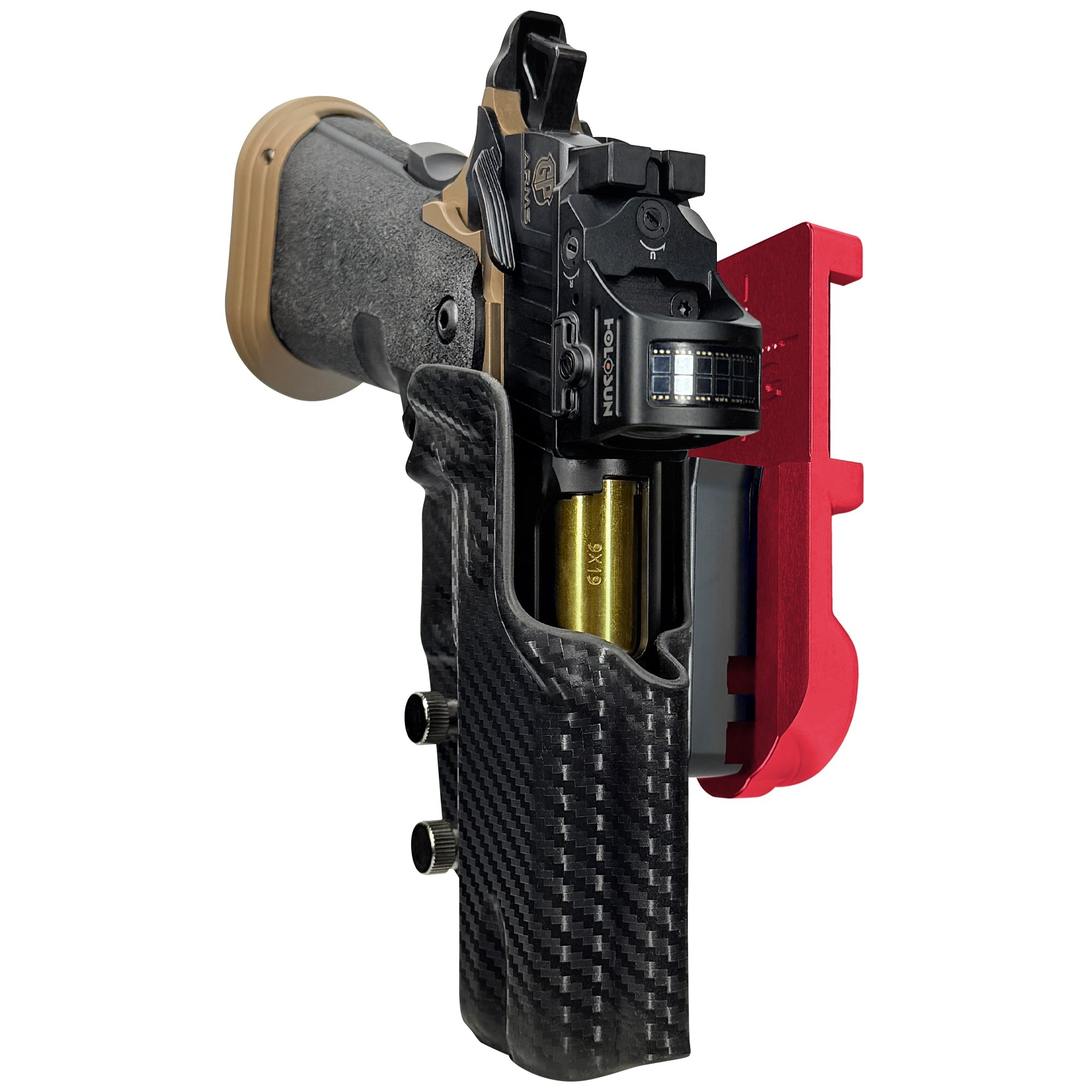 GP Arms Patriot IPSC/USPA Quick Mount Holster with Red Belt Attachment, Carbon Fiber Holster Shell