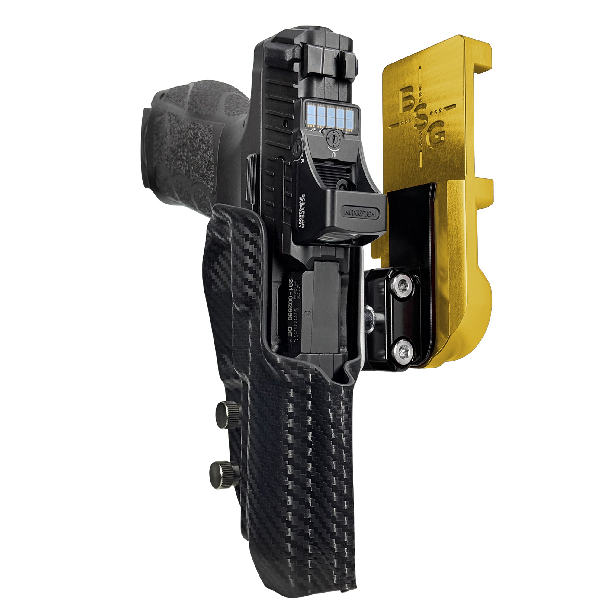 H&K VP9A1 F IPSC/USPA Quick Mount Ball Joint Holster with 24K Gold Belt Attachment, Carbon Fiber Holster Shell