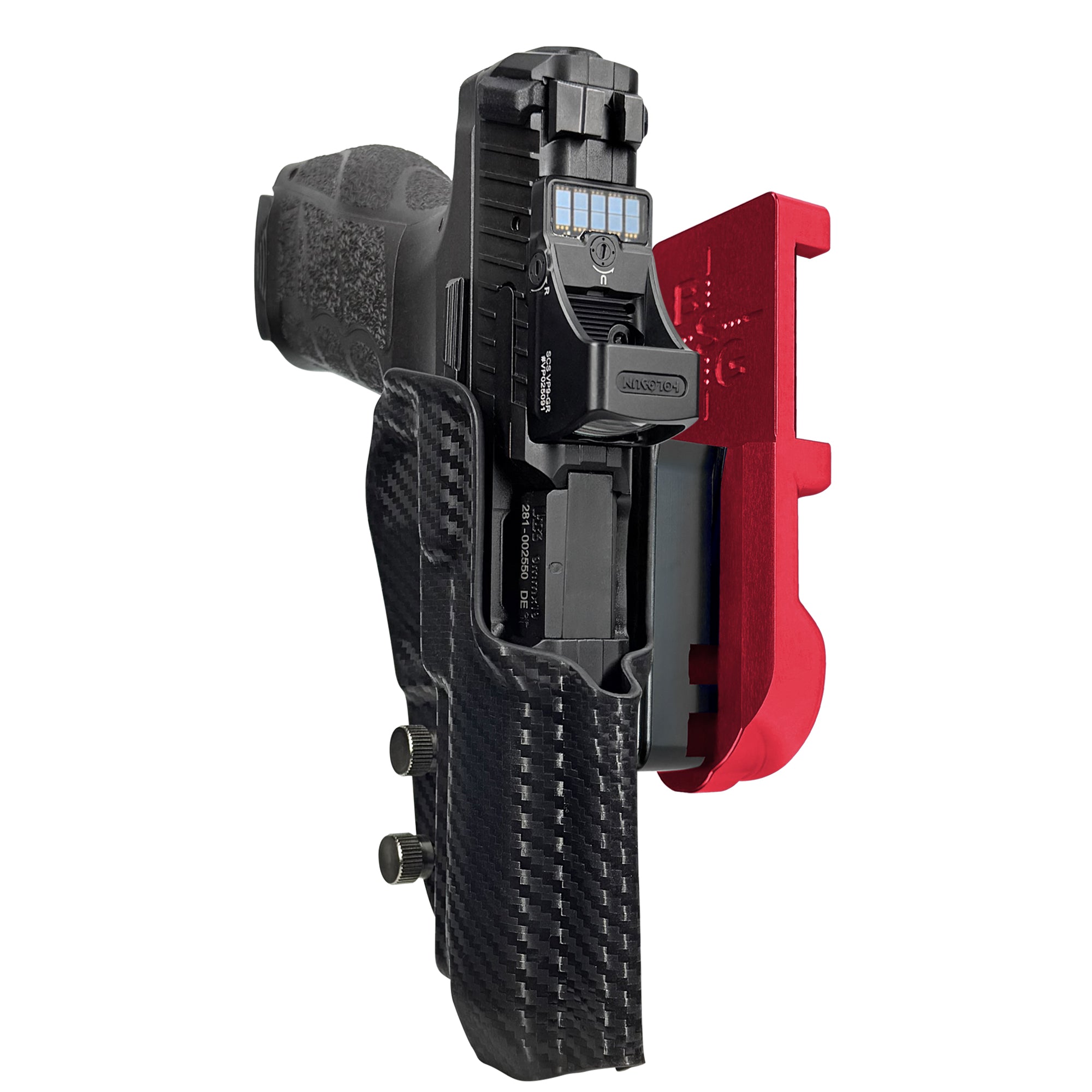 H&K VP9A1 F IPSC/USPA Quick Mount Holster with Red Belt Attachment, Carbon Fiber Holster Shell