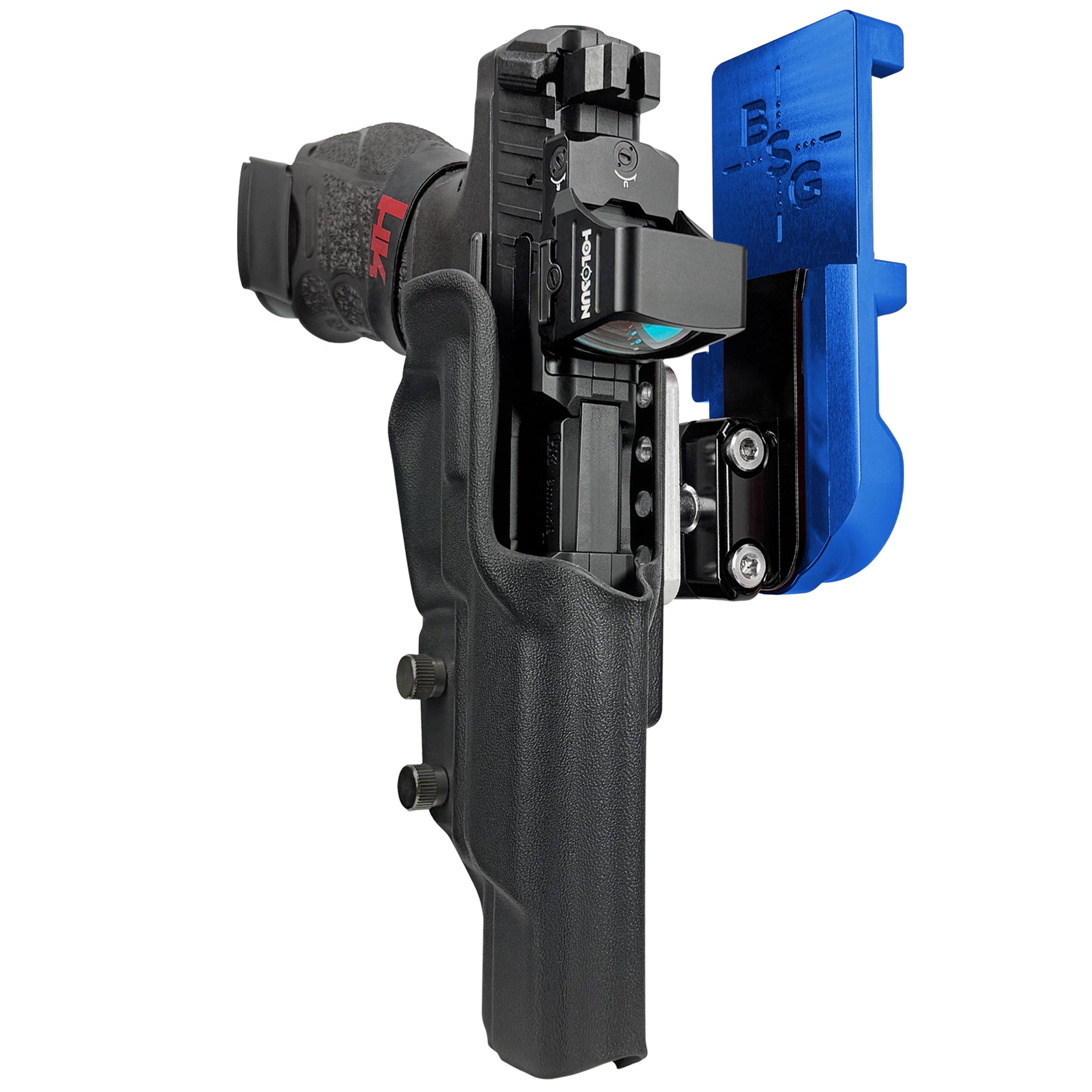 H&K VP9 Match IPSC/USPA Quick Mount Ball Joint Holster with Blue Belt Attachment, Black Holster Shell