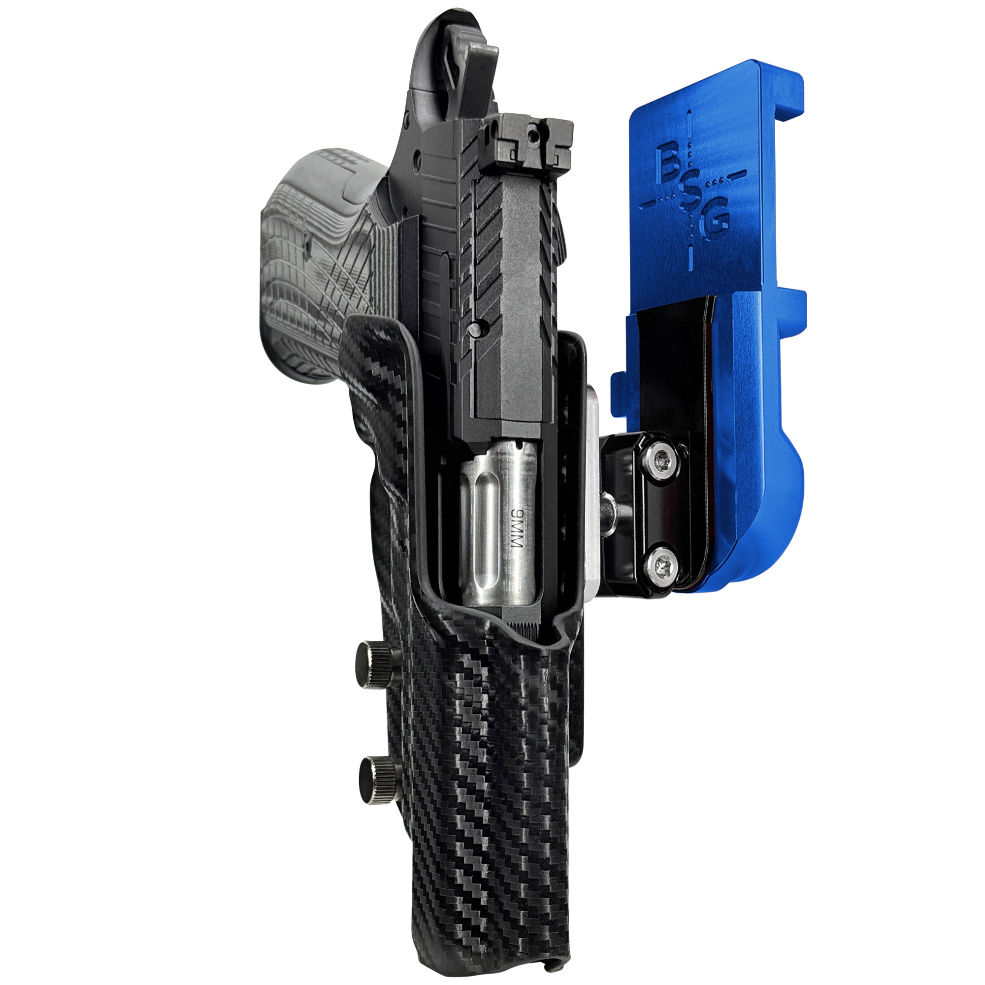 Kimber KDS9c No Rail IPSC/USPA Quick Mount Ball Joint Holster with Blue Belt Attachment, Carbon Fiber Holster Shell