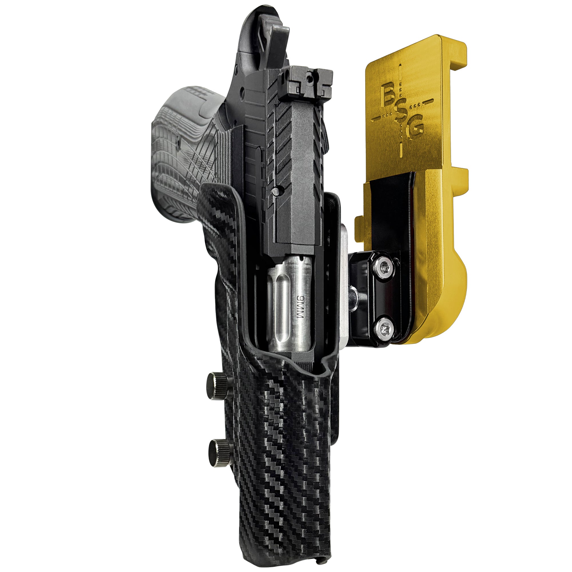 Kimber KDS9c No Rail IPSC/USPA Quick Mount Ball Joint Holster with 24K Gold Belt Attachment, Carbon Fiber Holster Shell