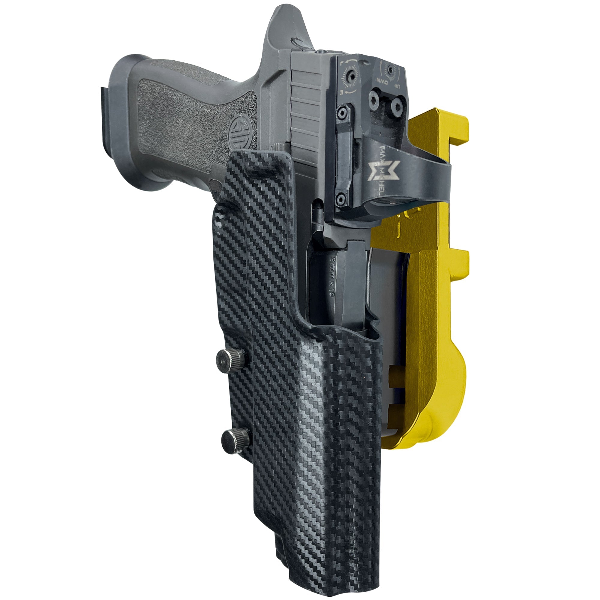 Sig P320 Full Size IPSC/USPA Quick Mount Holster with 24K Gold Belt Attachment, Carbon Fiber Holster Shell