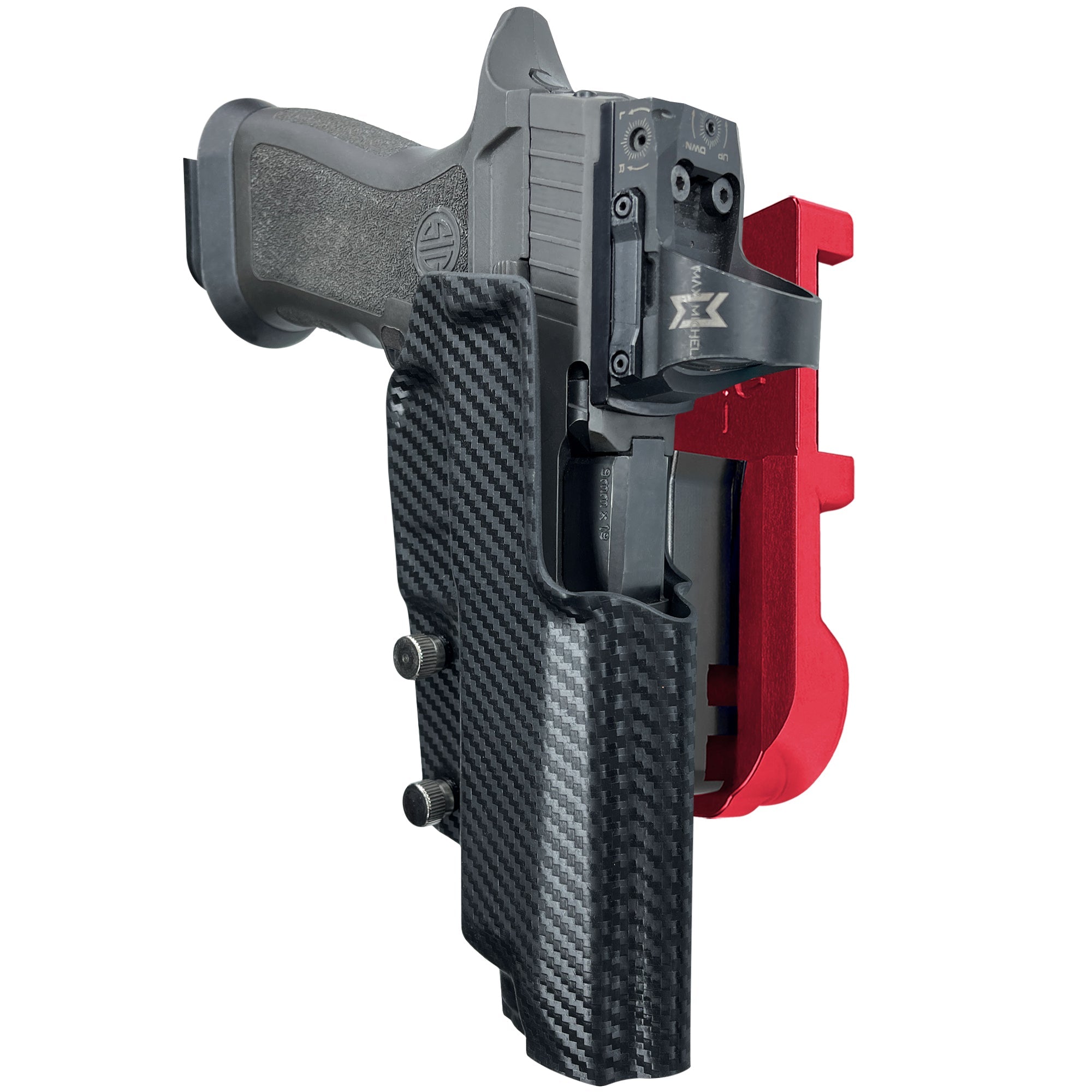 Sig P320 Full Size IPSC/USPA Quick Mount Holster with Red Belt Attachment, Carbon Fiber Holster Shell