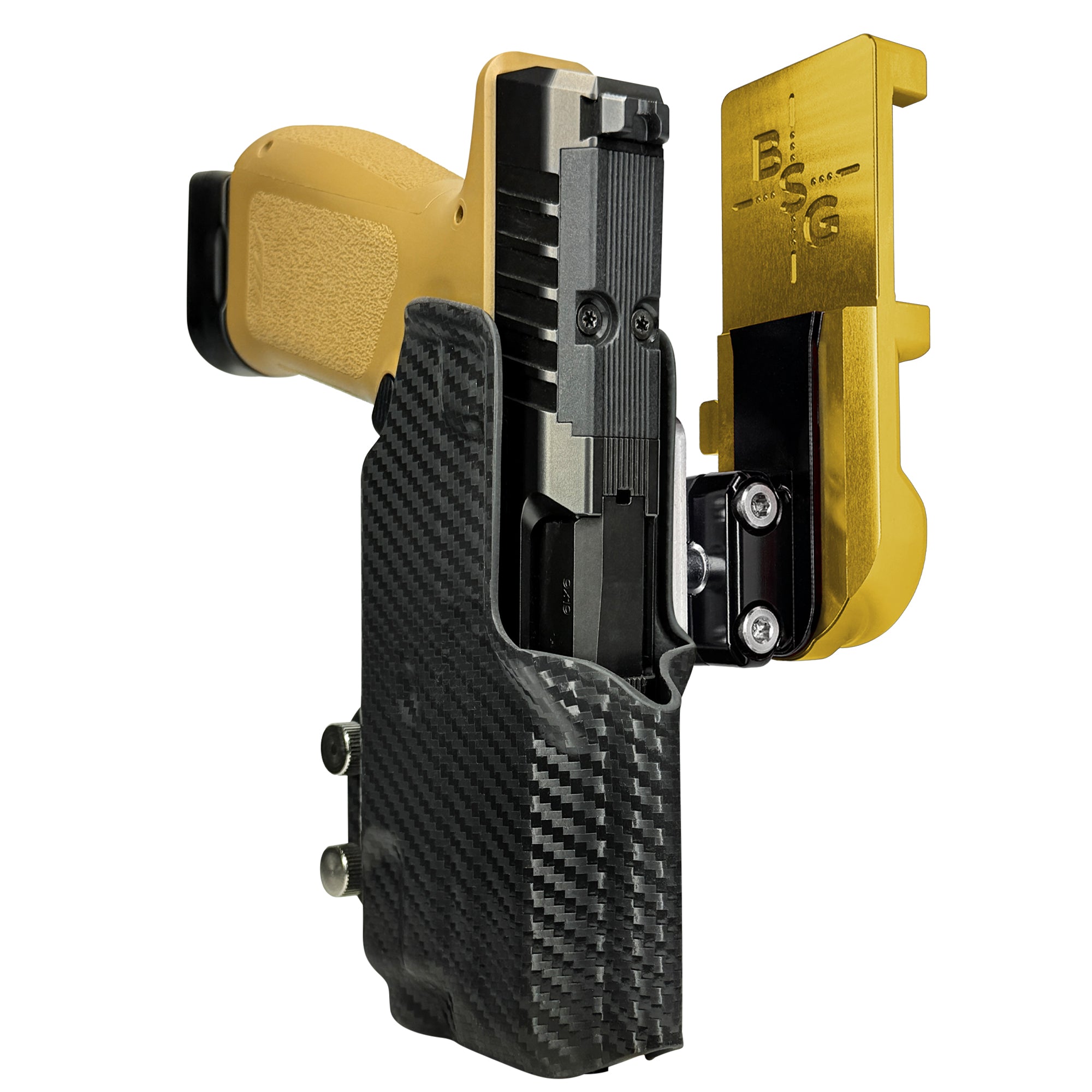 Rost RM1C w TLR7X IPSC/USPA Quick Mount Ball Joint Holster with 24K Gold Belt Attachment, Carbon Fiber Holster Shell