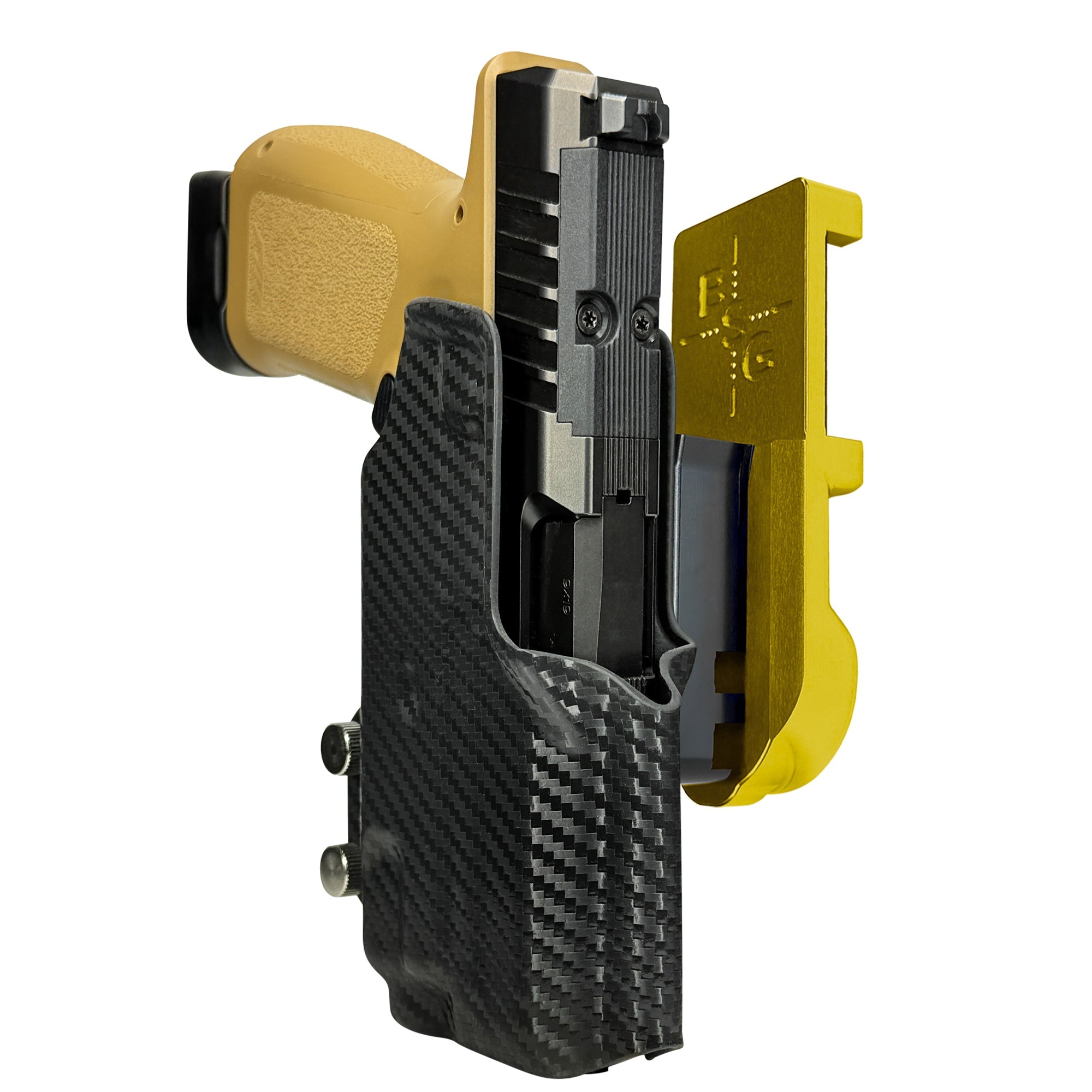 Rost RM1C w TLR7X IPSC/USPA Quick Mount Holster with 24K Gold Belt Attachment, Carbon Fiber Holster Shell