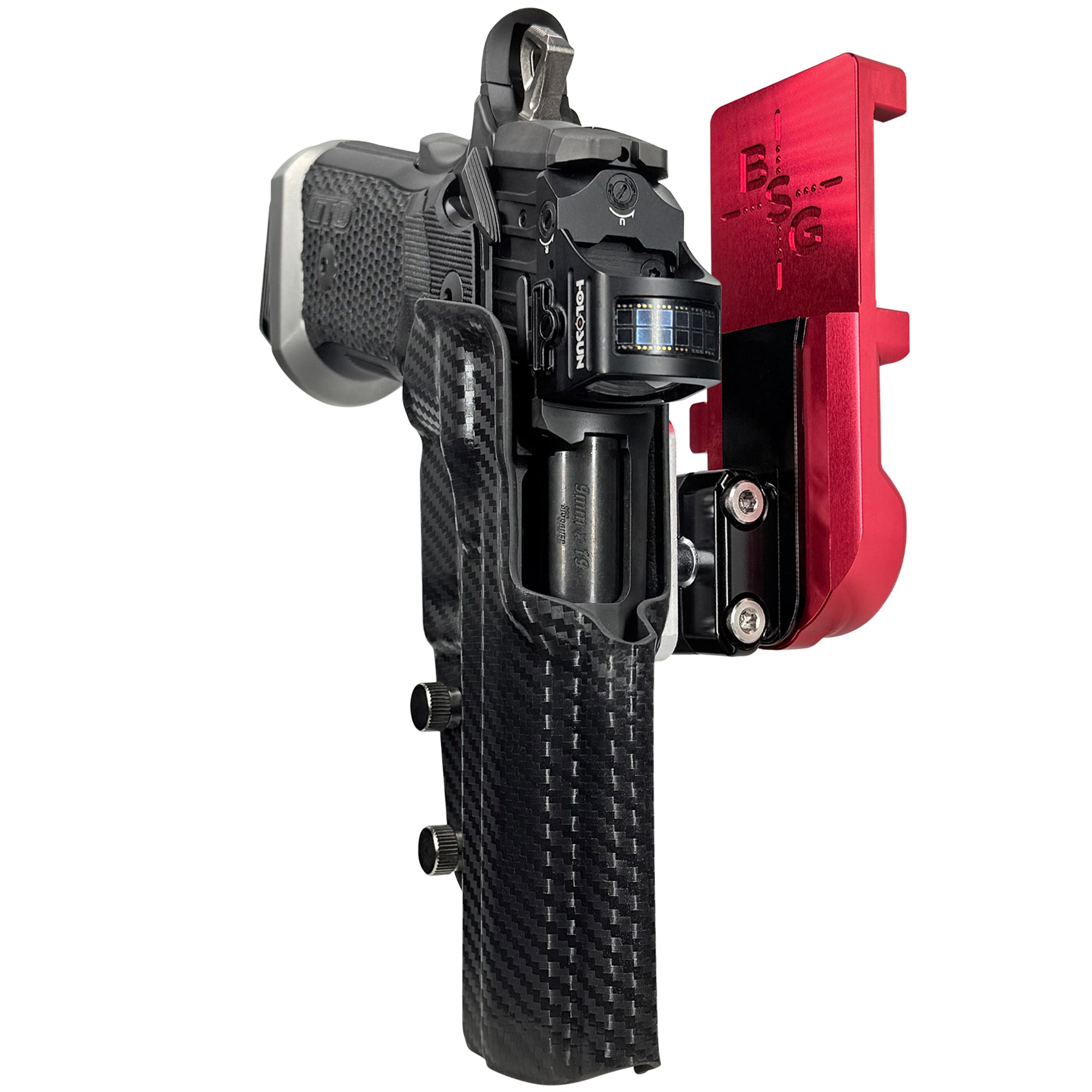 Sig P211-GTO IPSC/USPA Quick Mount Ball Joint Holster with Red Belt Attachment, Carbon Fiber Holster Shell