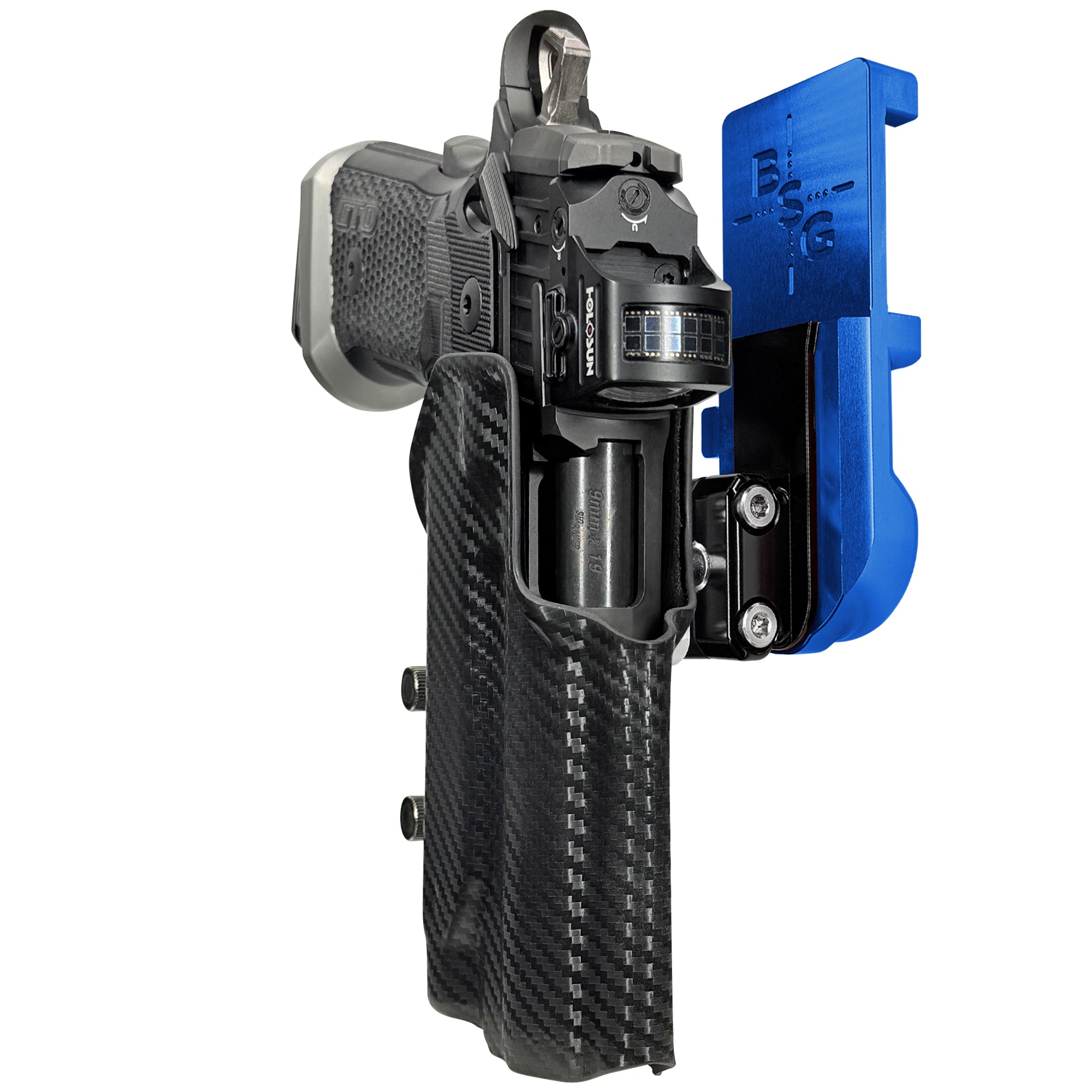 Sig P211 w/ P.ID IPSC/USPA Quick Mount Ball Joint Holster with Blue Belt Attachment, Carbon Fiber Holster Shell