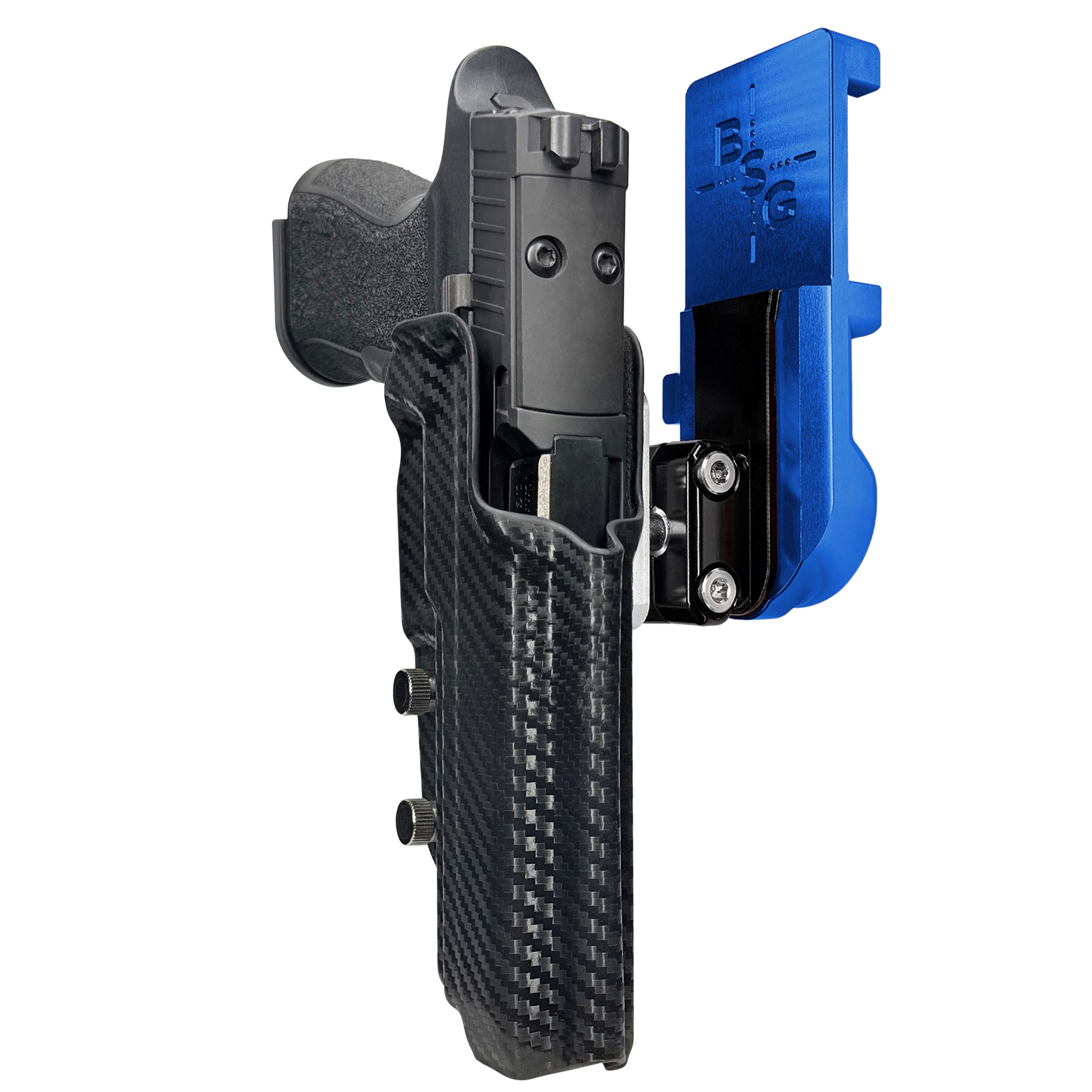 Sig P320 XTEN IPSC/USPA Quick Mount Ball Joint Holster with Blue Belt Attachment, Carbon Fiber Holster Shell