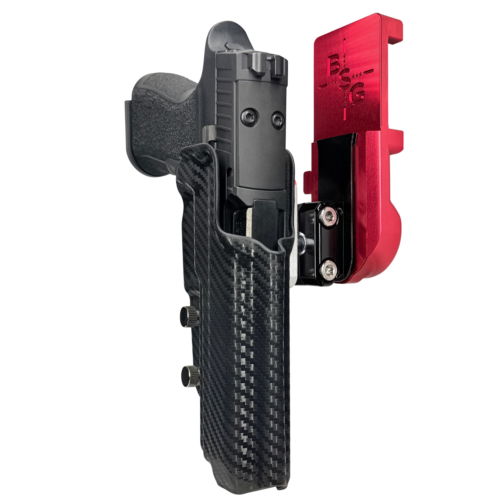 Sig P320 XTEN IPSC/USPA Quick Mount Ball Joint Holster with Red Belt Attachment, Carbon Fiber Holster Shell