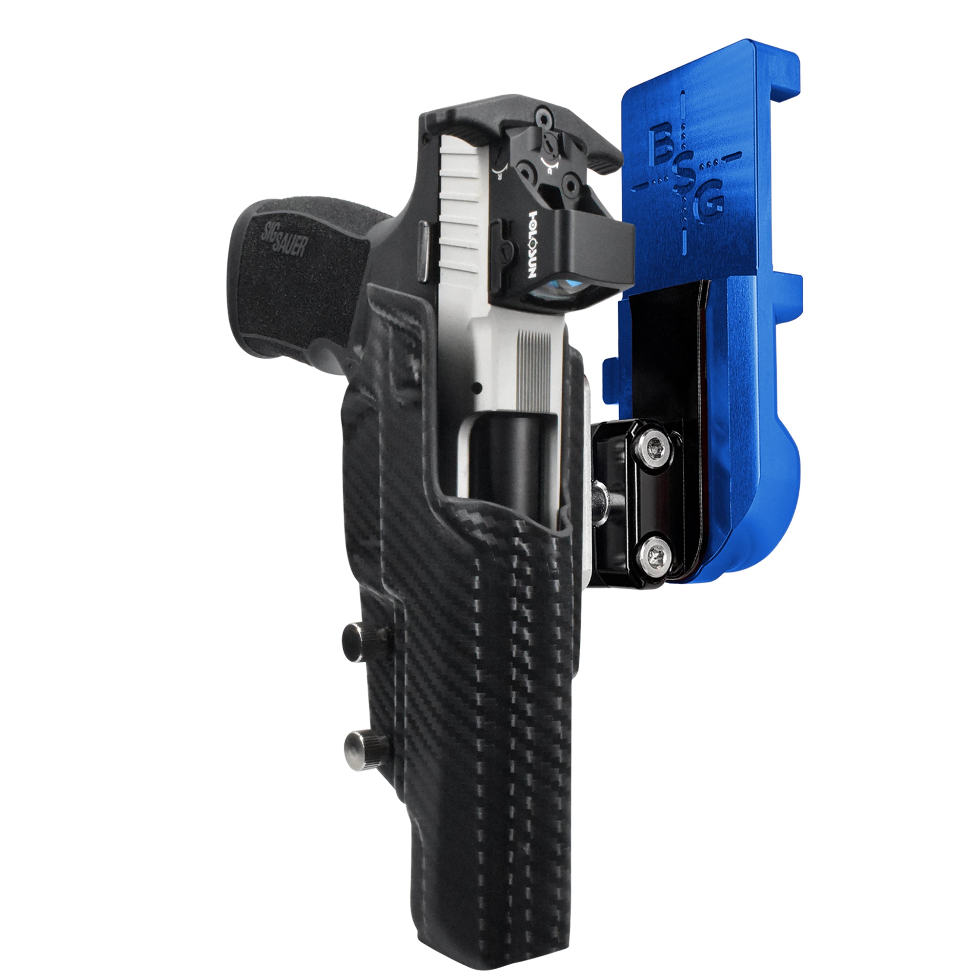 Sig Sauer P322 COMP IPSC/USPA Quick Mount Ball Joint Holster with Blue Belt Attachment, Carbon Fiber Holster Shell