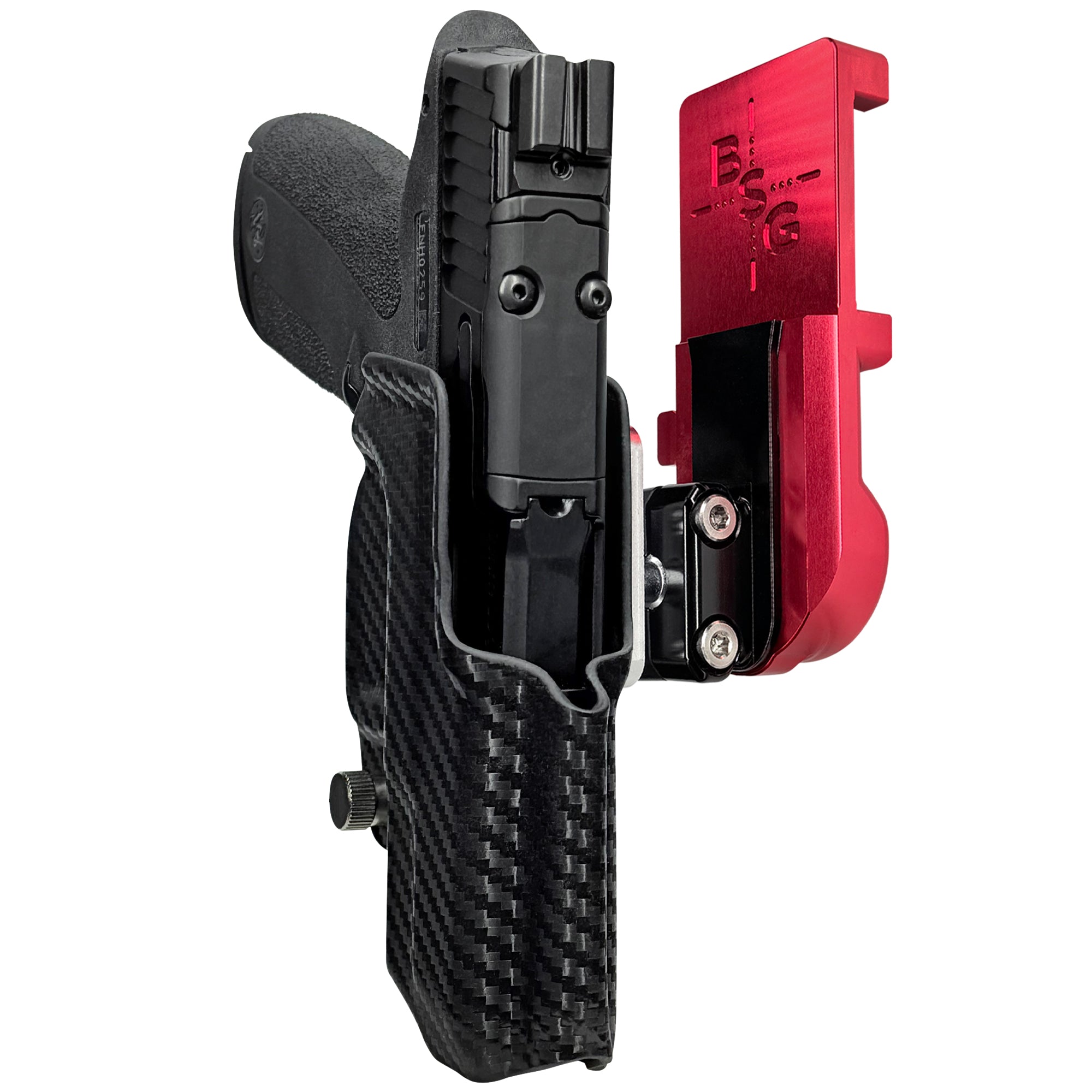 S&W M&P Shield X IPSC/USPA Quick Mount Ball Joint Holster with Red Belt Attachment, Carbon Fiber Holster Shell