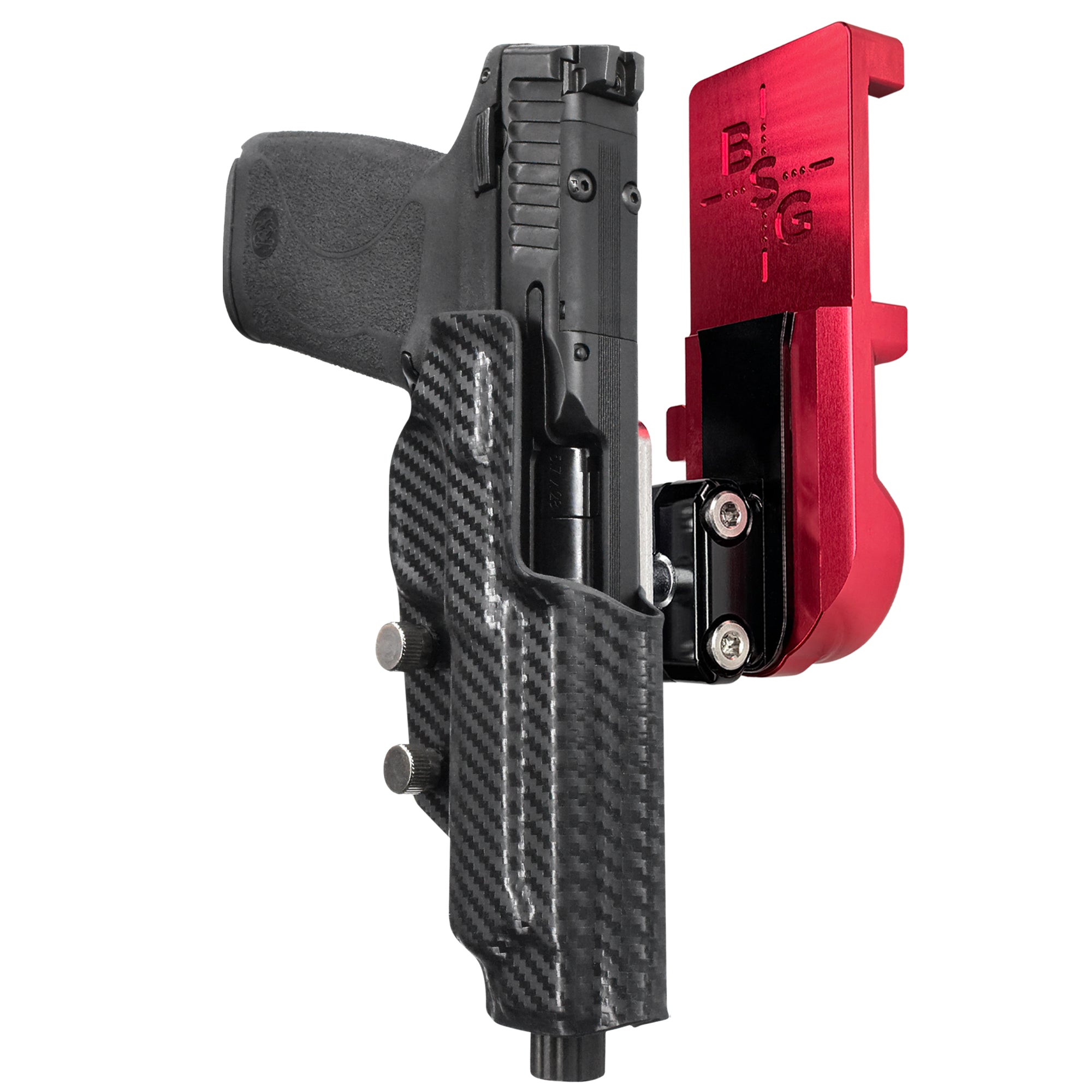 S&W M&P 5.7 IPSC/USPA Quick Mount Ball Joint Holster with Red Belt Attachment, Carbon Fiber Holster Shell