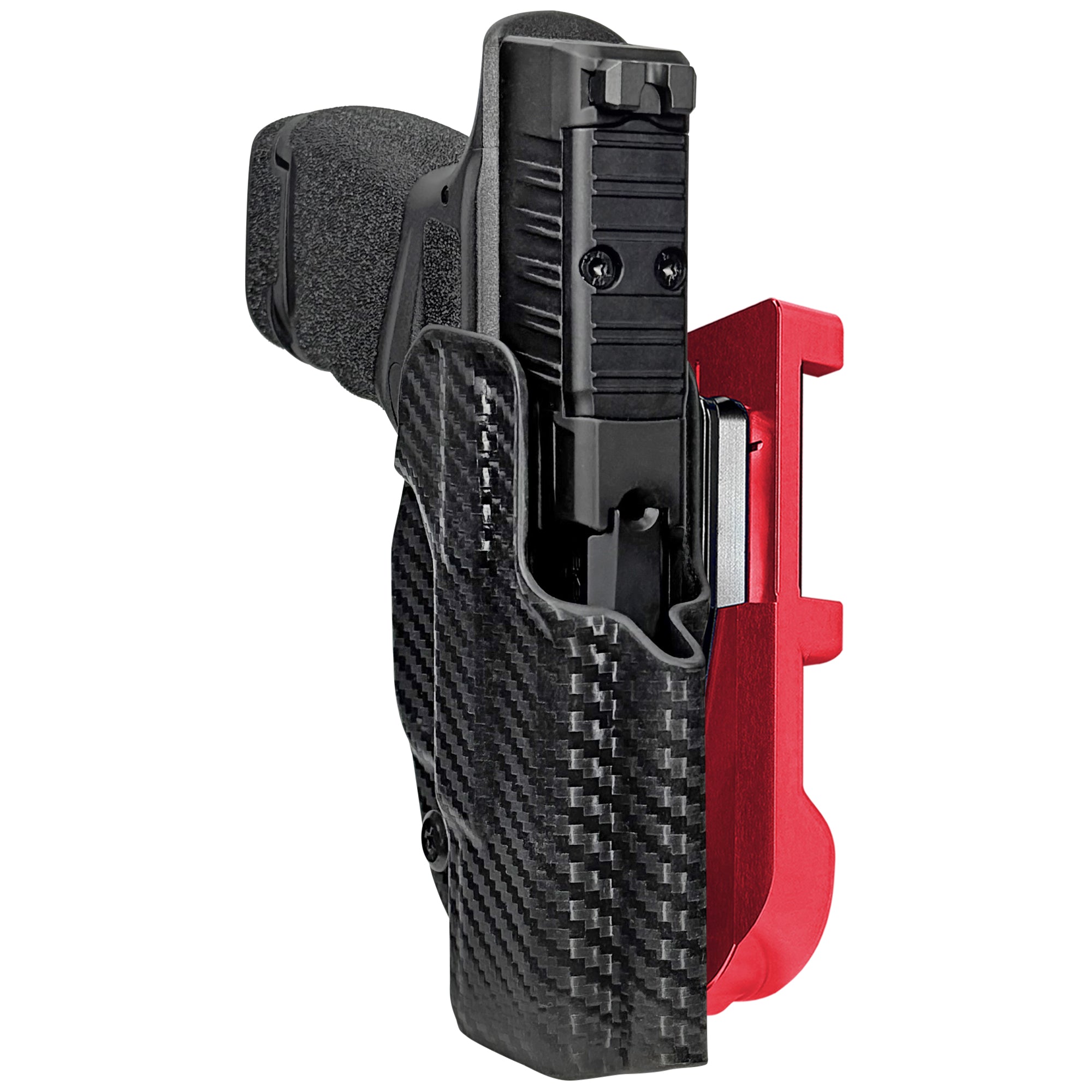 Springfield Hellcat IDPA Quick Mount Holster with Red Belt Attachment, Carbon Fiber Holster Shell