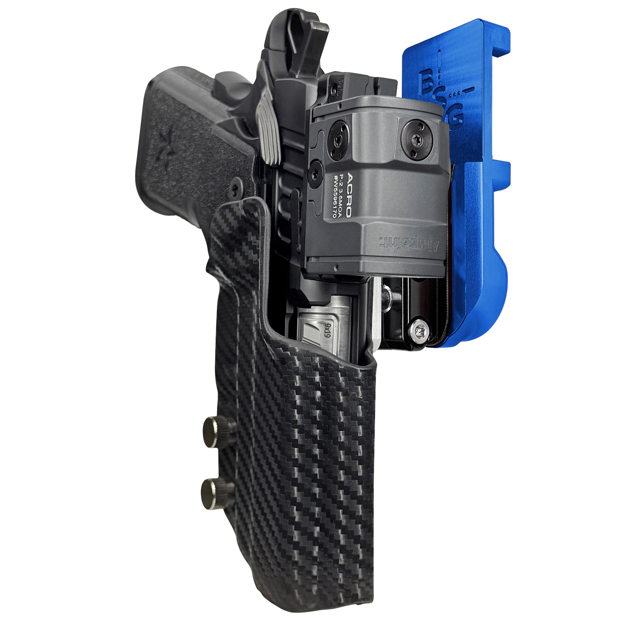 Staccato CS 2024 IPSC/USPA Quick Mount Ball Joint Holster with Blue Belt Attachment, Carbon Fiber Holster Shell